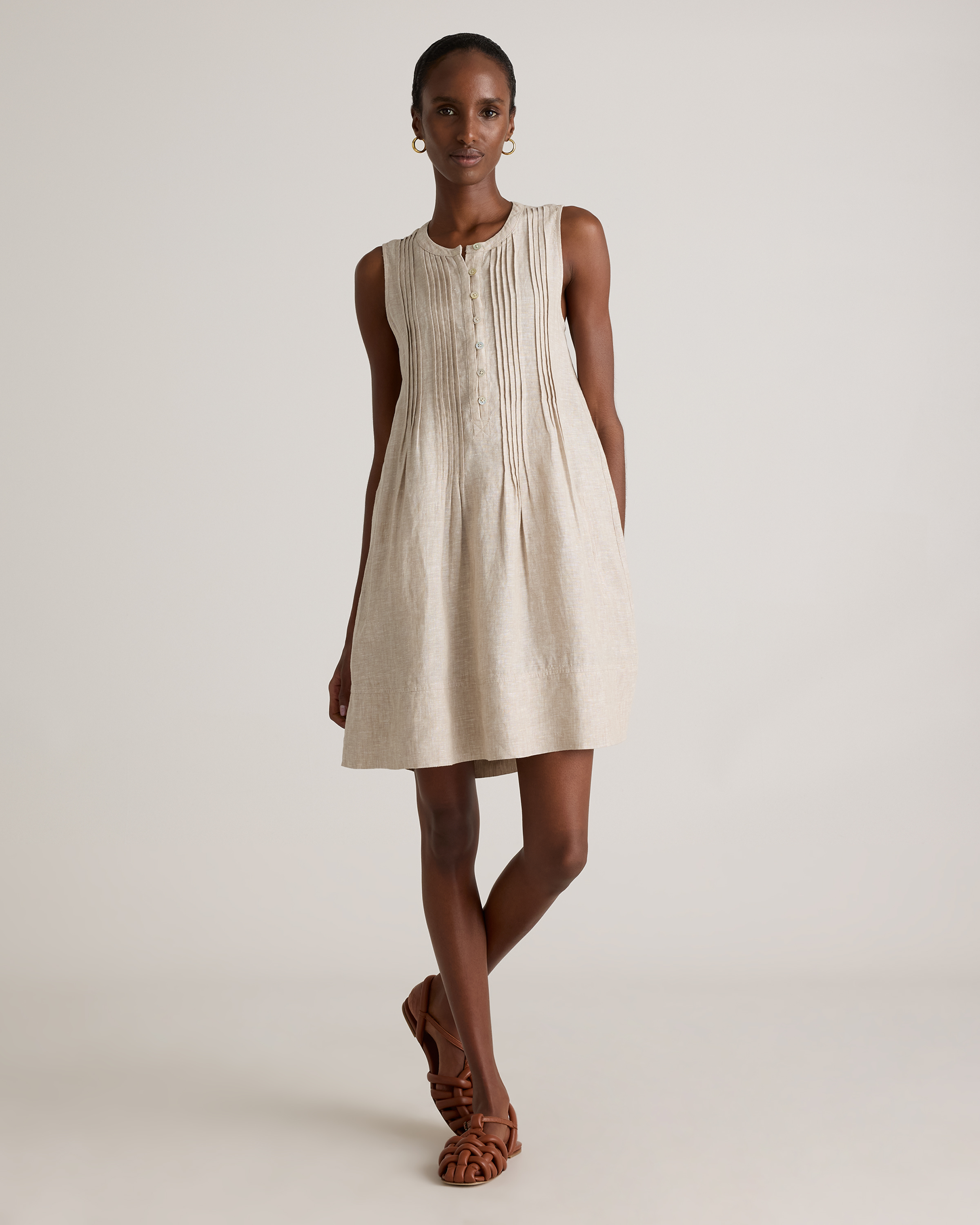 100% European Linen Sleeveless Swing Dress in Classic Mini Gingham