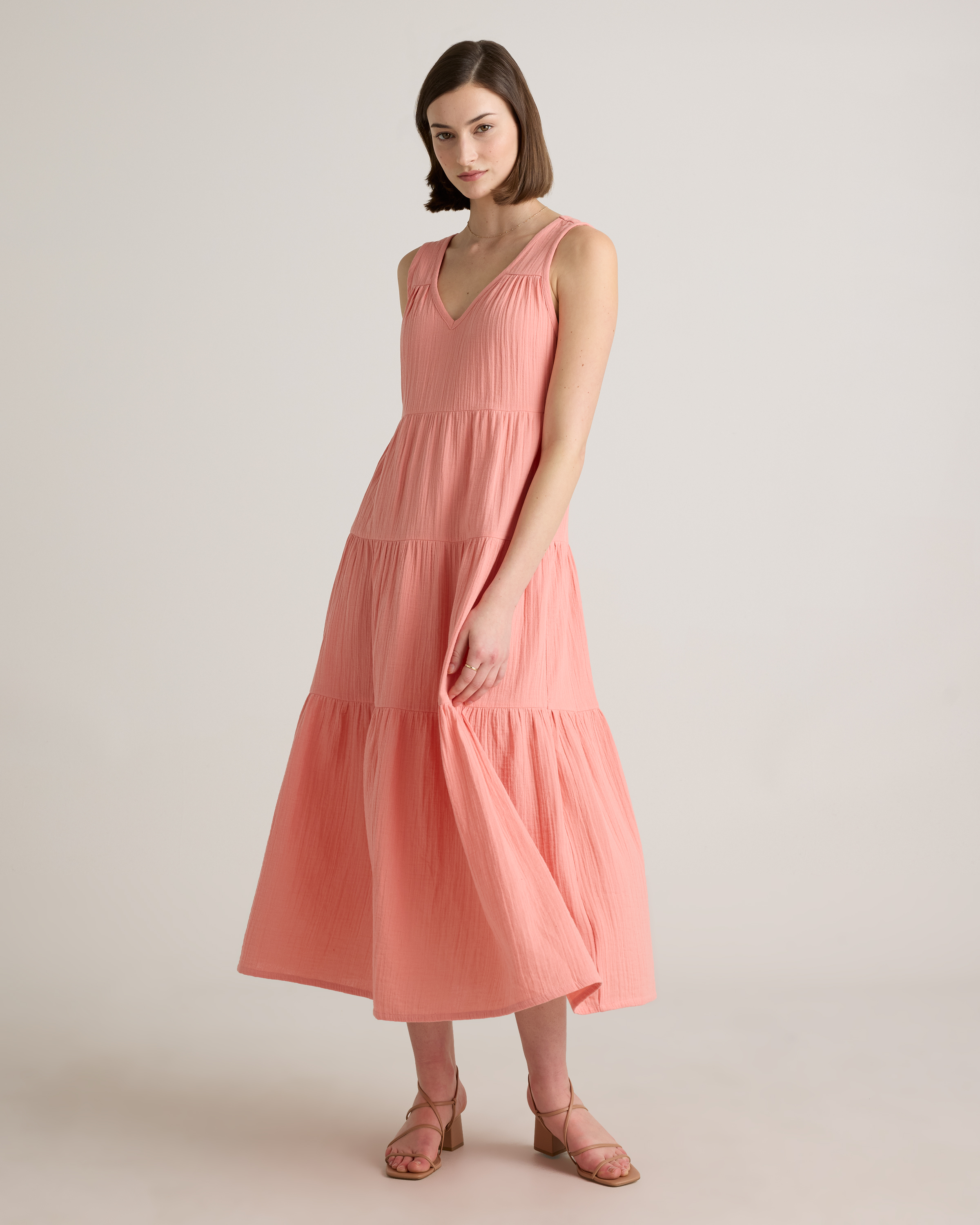 100% Organic Cotton Gauze Tiered Maxi Dress in Coral Blush