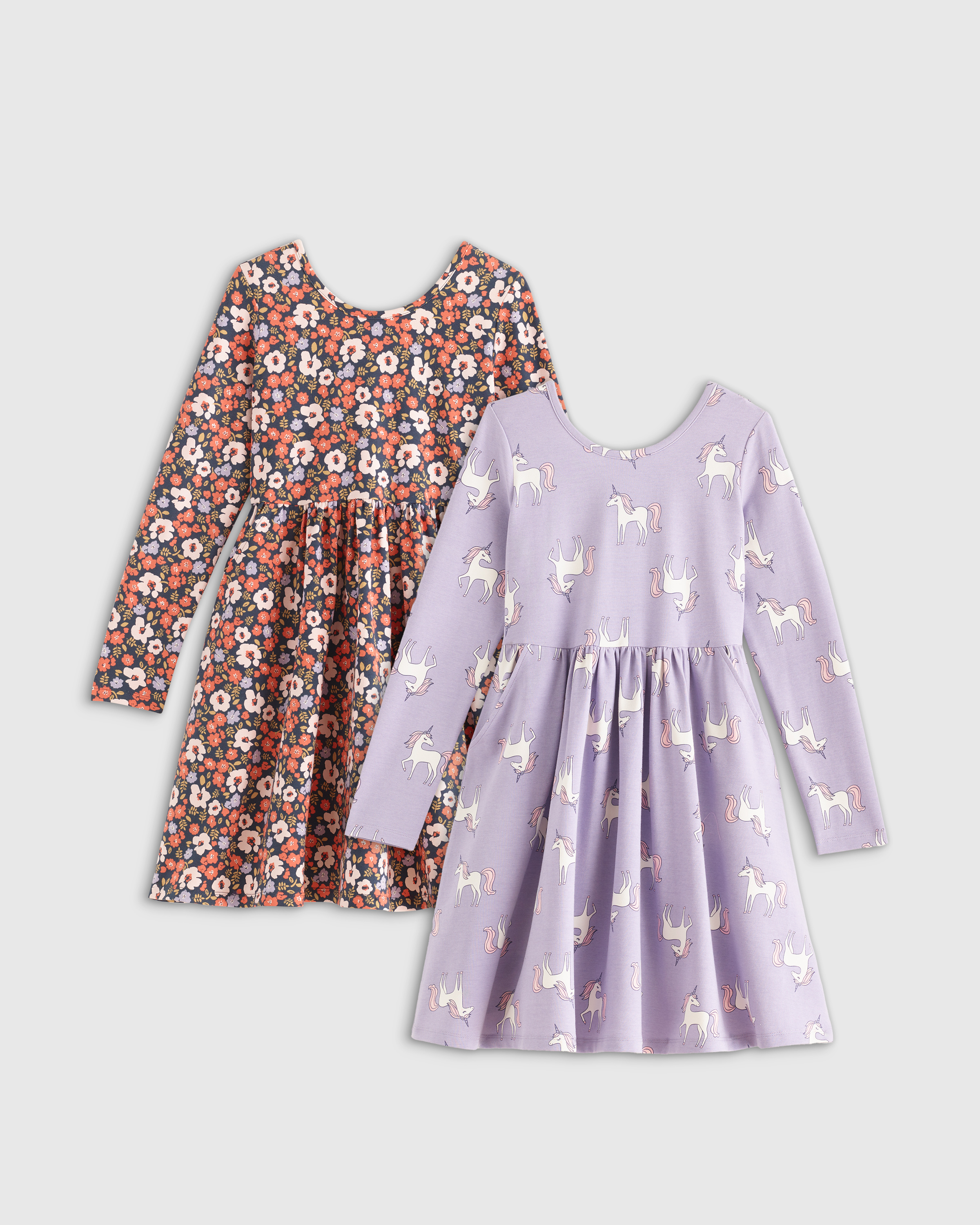 Shop Quince Long Sleeve Skater Dress 2-pack In Poppy Floral/lilac Unicorn