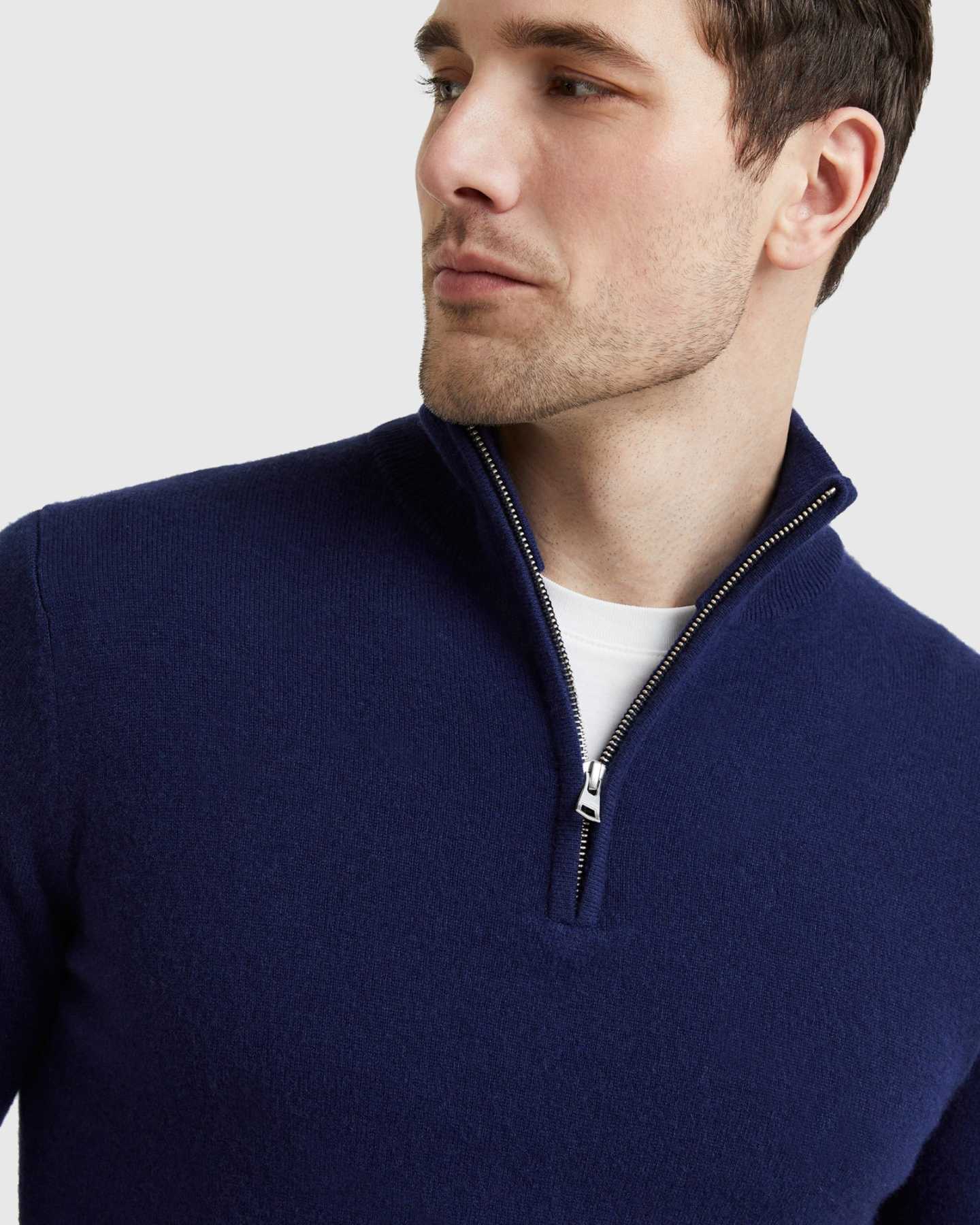 Mongolian Cashmere Quarter Zip Sweater - Navy - 7 - Thumbnail