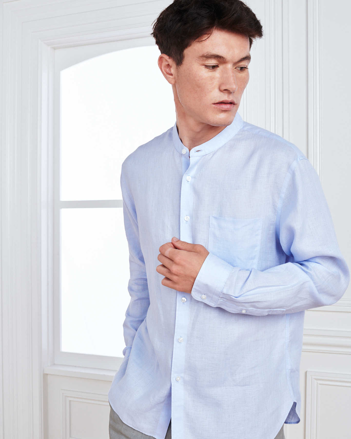 Band Collar Wrinkle-free Linen Shirt - Light Blue