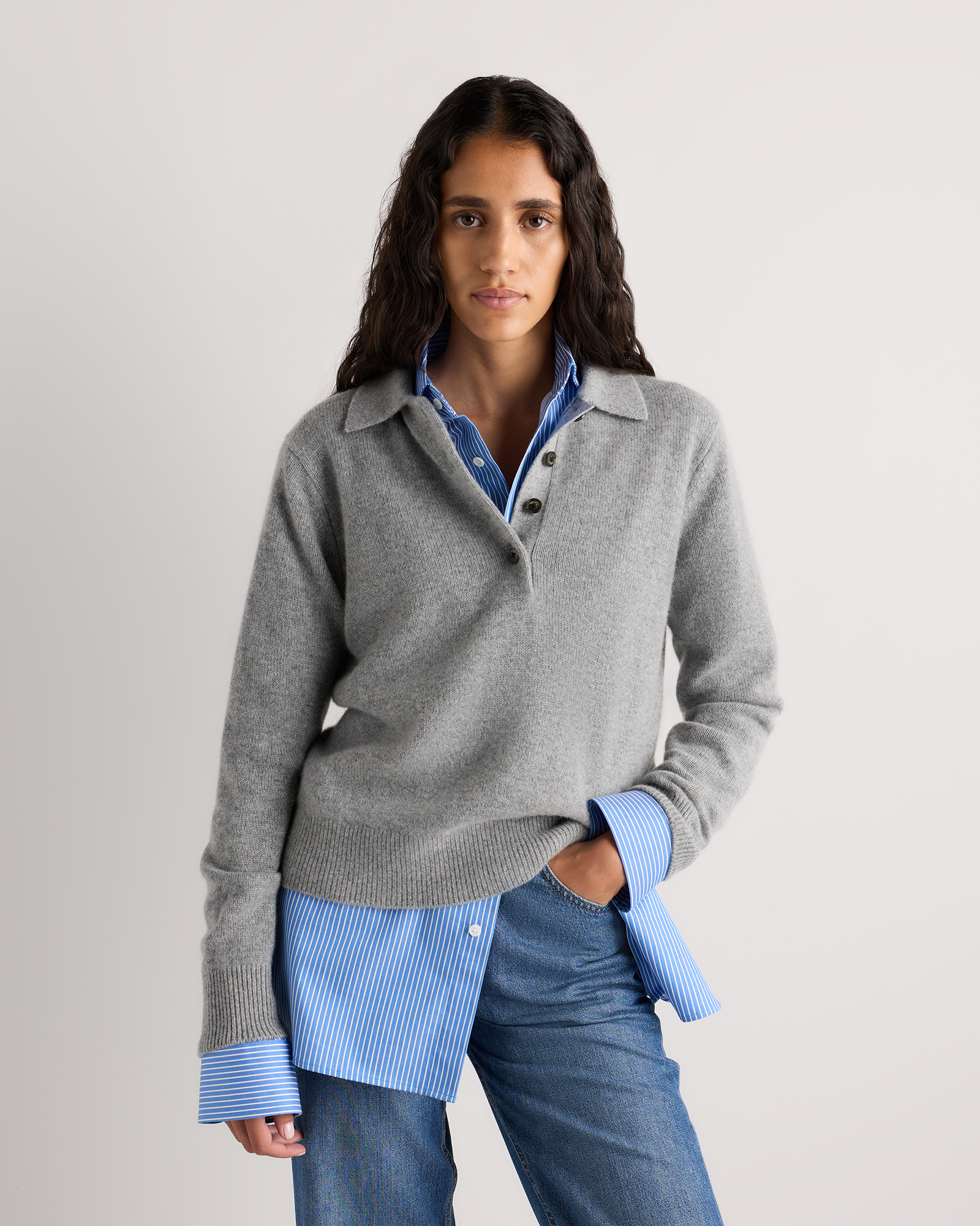 Mongolian Cashmere Button Polo Sweater in Heather Grey