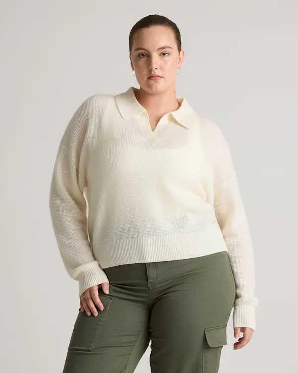 Baby Alpaca-Wool Waffle Stitch Polo Sweater