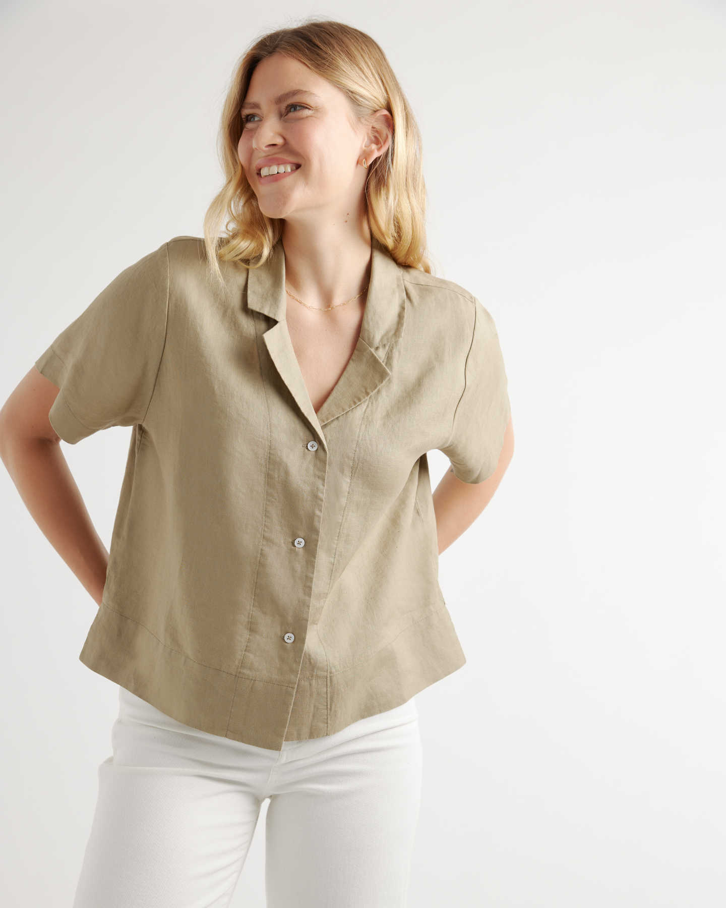 100% European Linen Short Sleeve Shirt - Washed Olive - 4