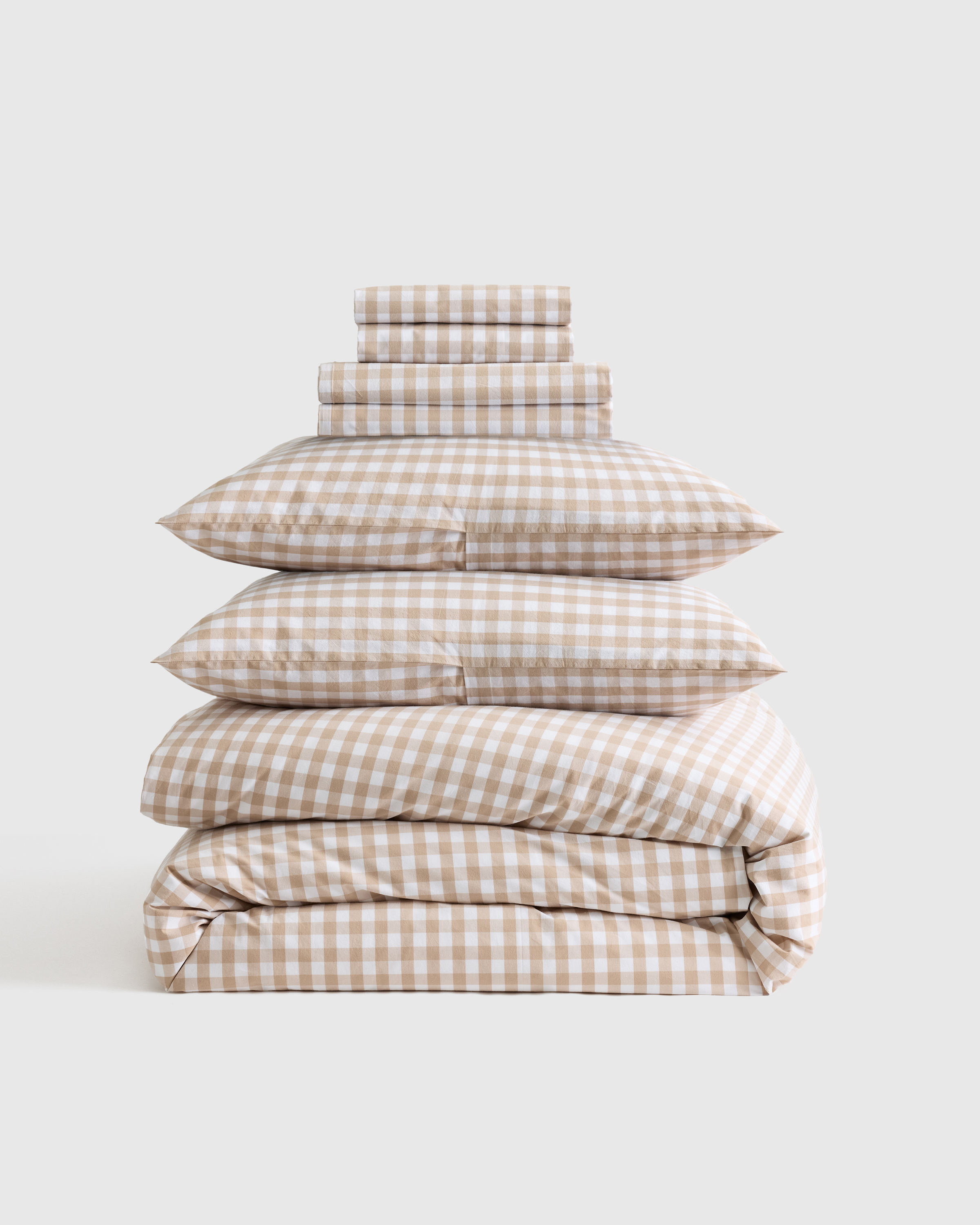 Classic Organic Percale Gingham Deluxe Bedding Bundle in Cafe