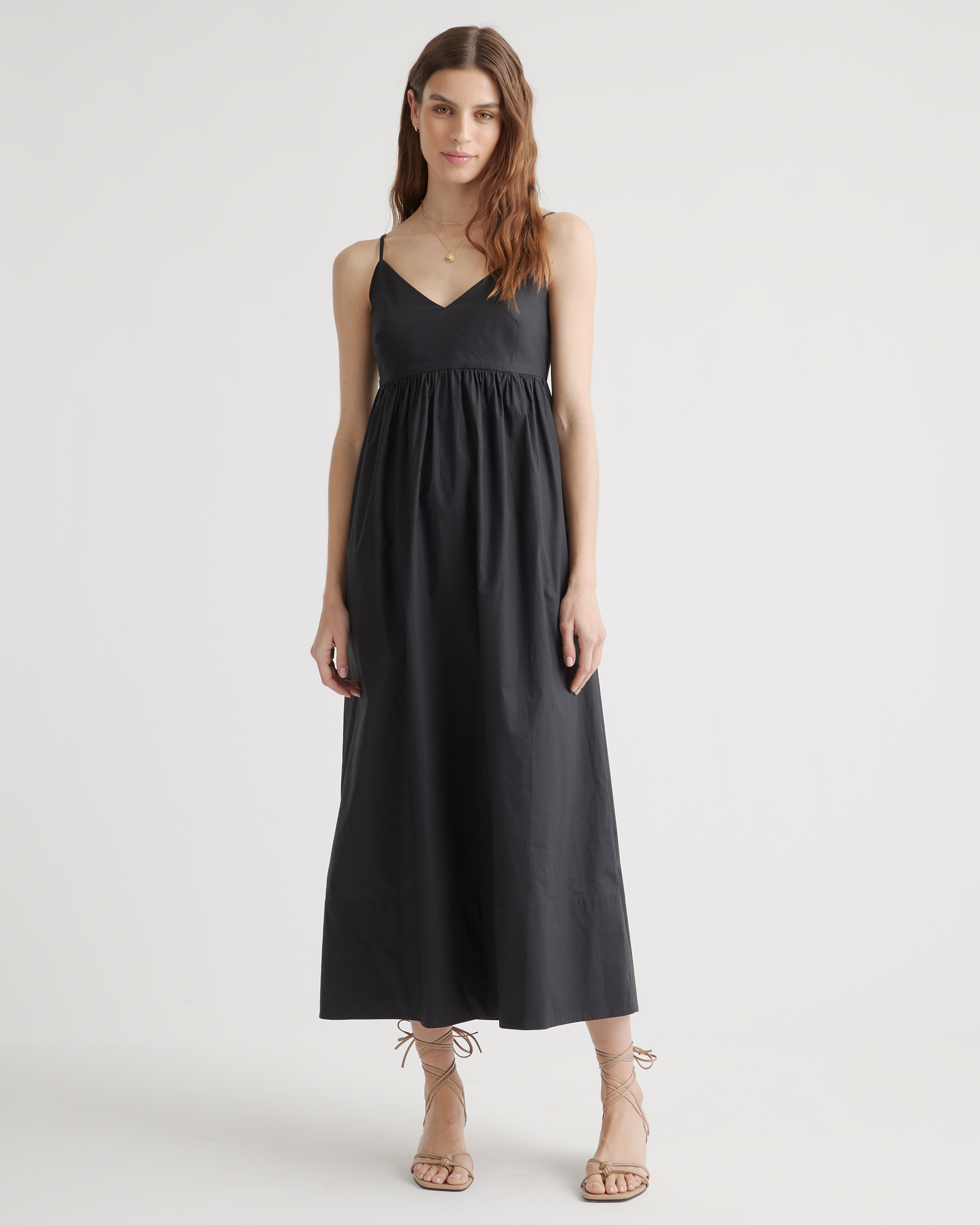 Quince Black Organic Cotton Tiered Maxi Dress sz S Women's Pockets Poplin  Fabric