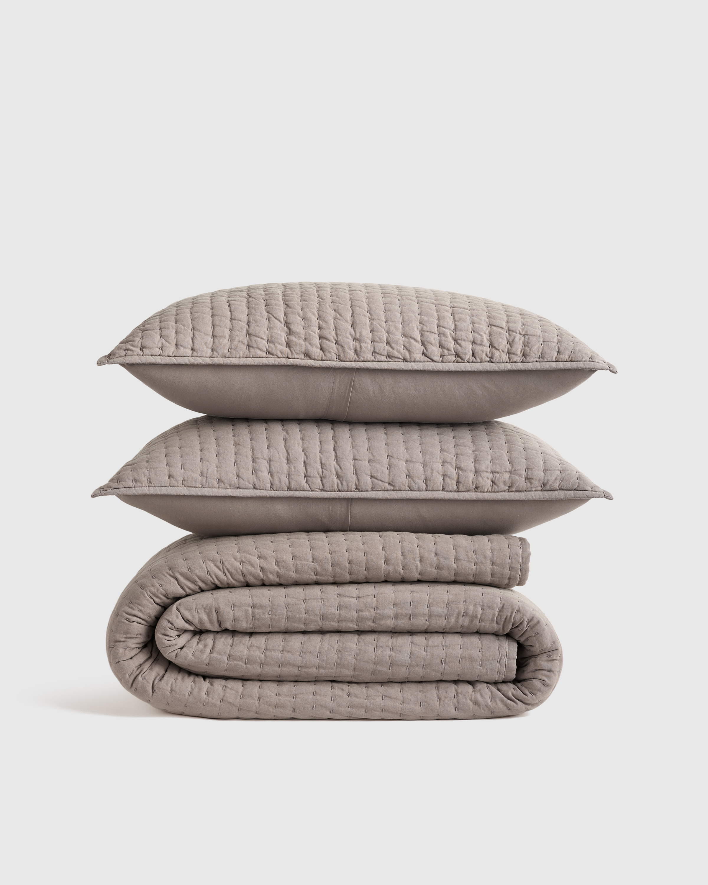 European Linen Cotton Stitch Quilt Set - Espresso, Full/Queen