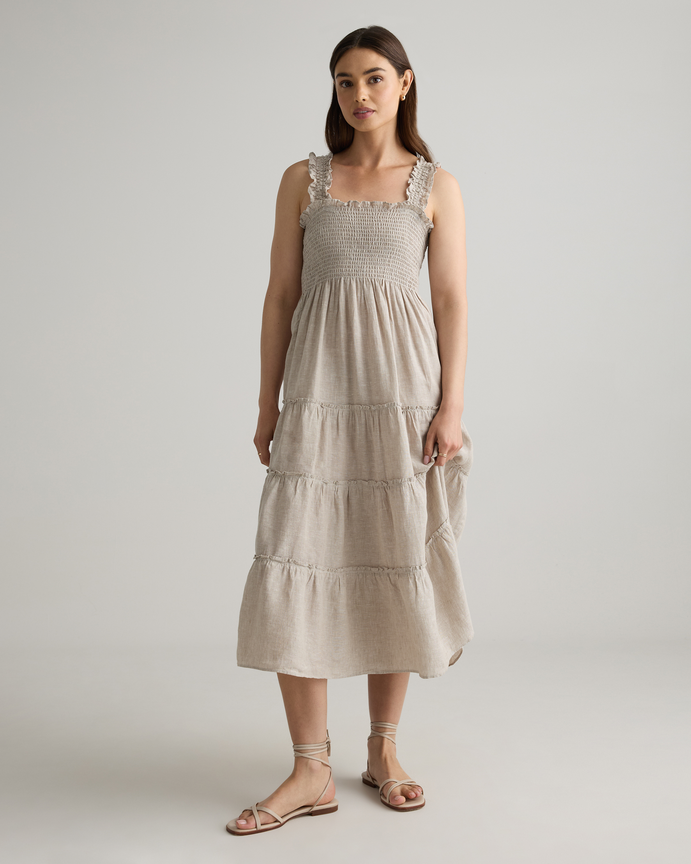 100% European Linen Smocked Midi Dress in Sand