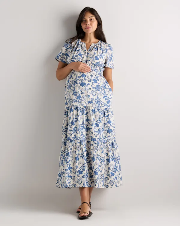 100% Organic Cotton Poplin Maternity Tiered Maxi Dress 