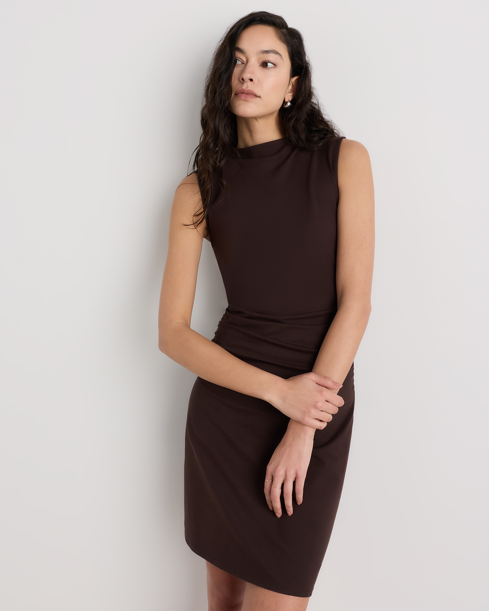 Stretch Cotton Jersey Mock Neck Mini Dress