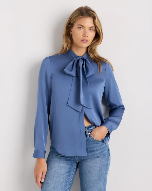 Washable Stretch Silk Tie Neck Blouse 