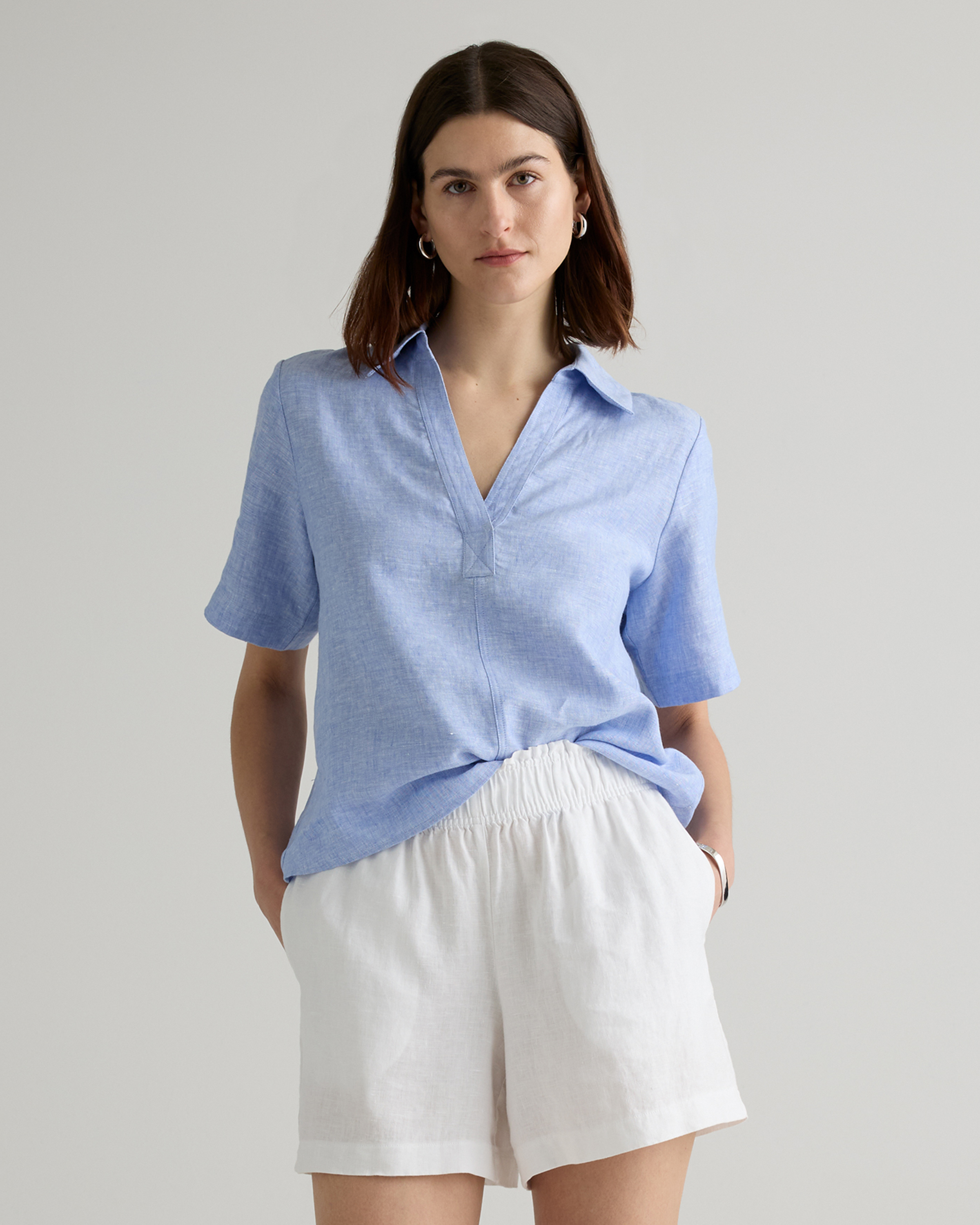 100% European Linen Short Sleeve Popover Top