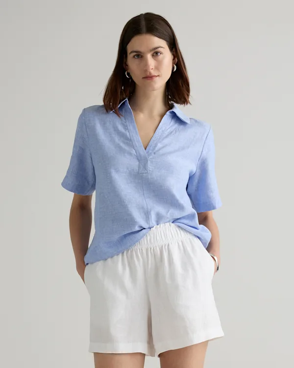100% European Linen Short Sleeve Popover Top