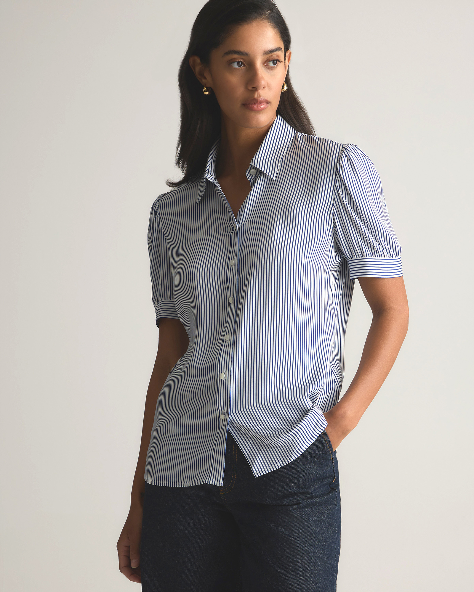 Washable Stretch Silk Puff Sleeve Blouse in Evie Stripe