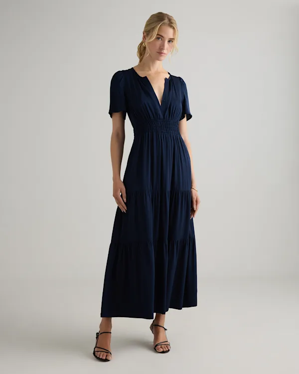 Washable Stretch Silk Tiered Maxi Dress