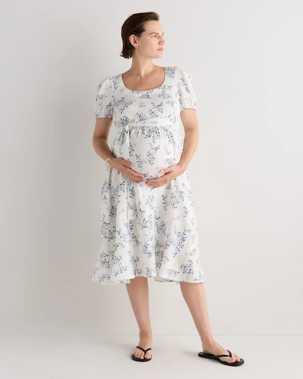 100% European Linen Maternity Short Sleeve Midi Dress 