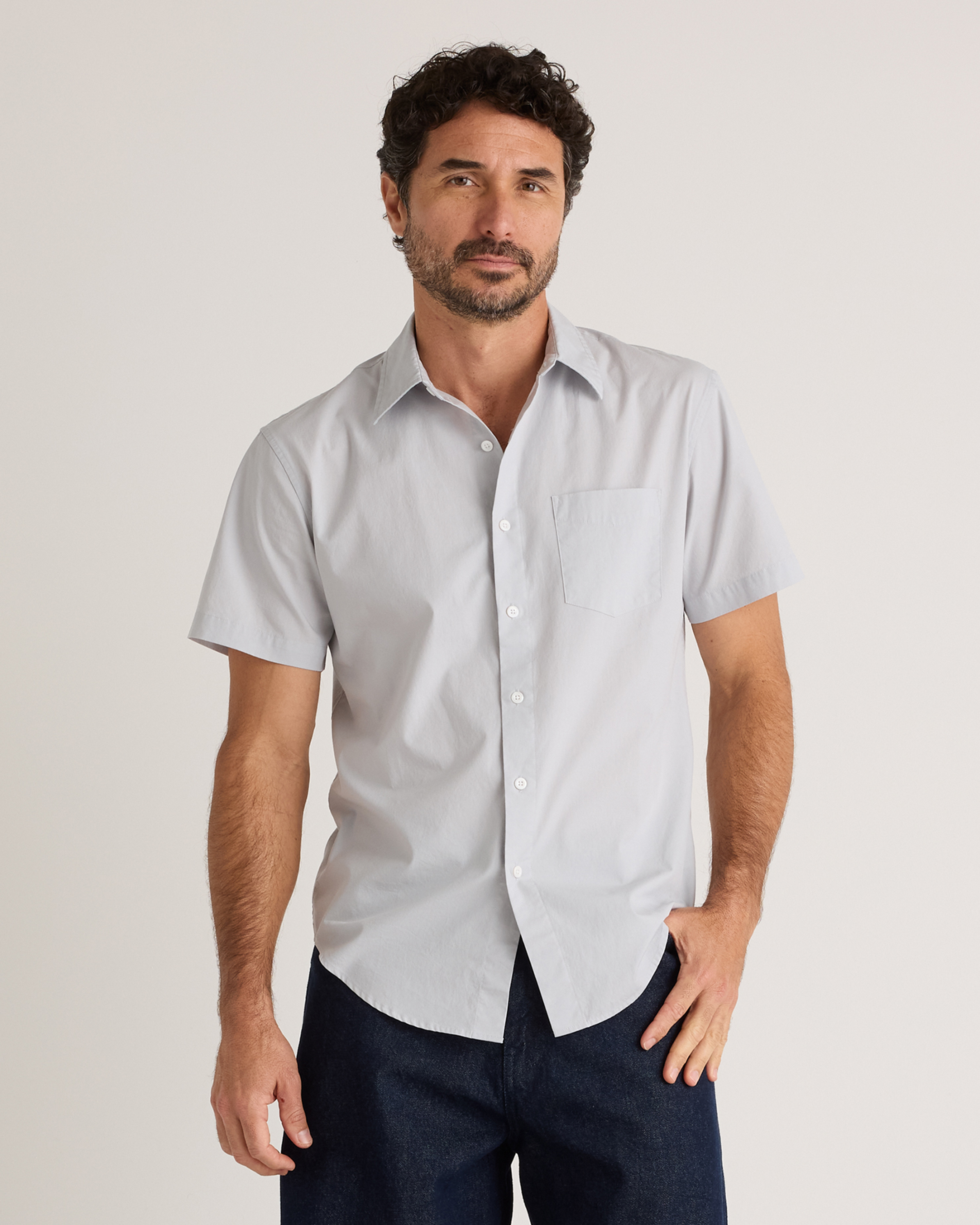 Shop Quince Men's Stretch Poplin Short Sleeve Shirt In Light Grey
