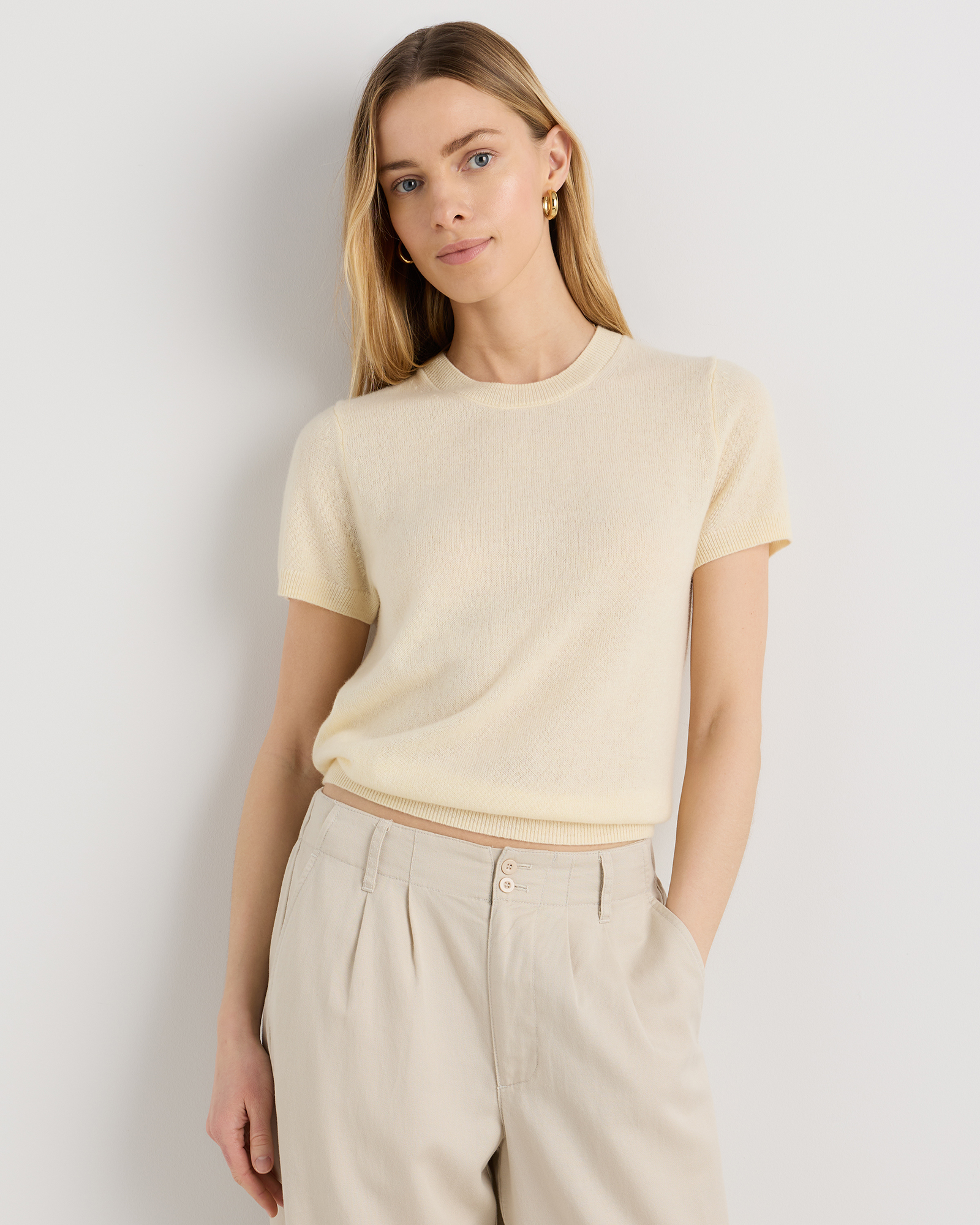 Quince Mongolian Cashmere Tee in Pale Custard Yellow