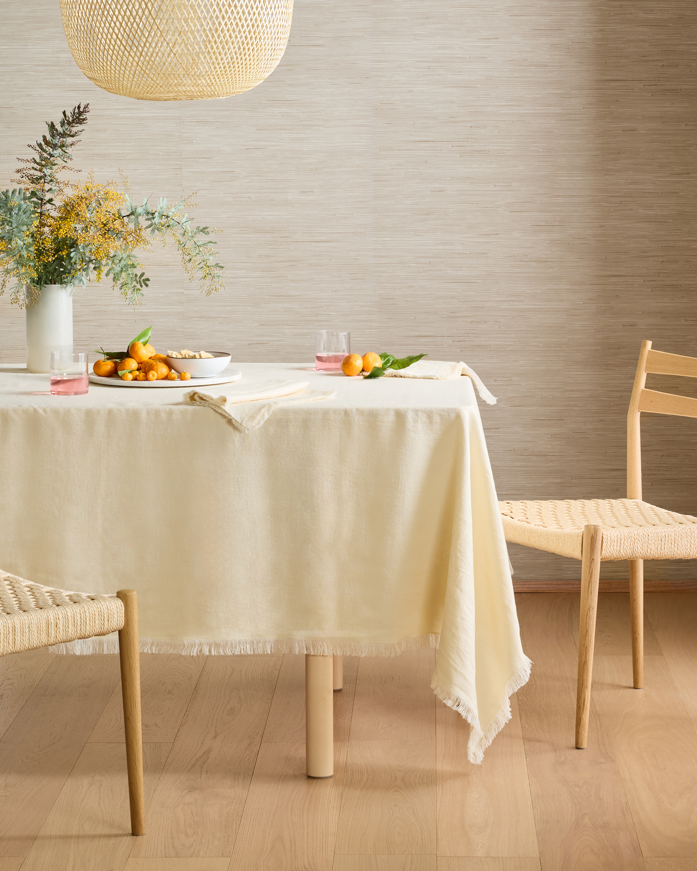 European Linen Fringe Tablecloth in Blue Fog