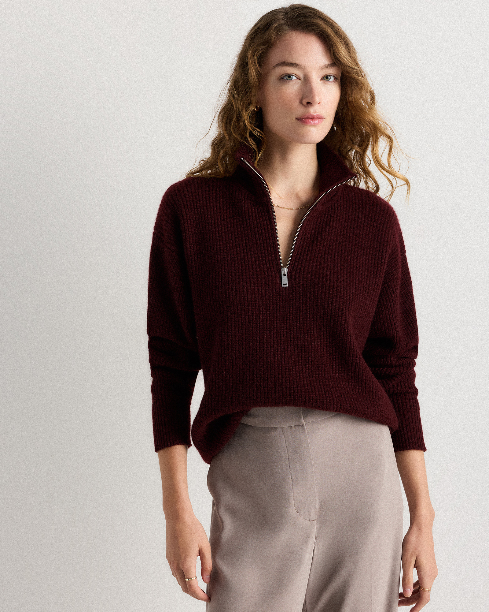 Mongolian Cashmere Fisherman Quarter Zip Sweater in Rich Burgundy