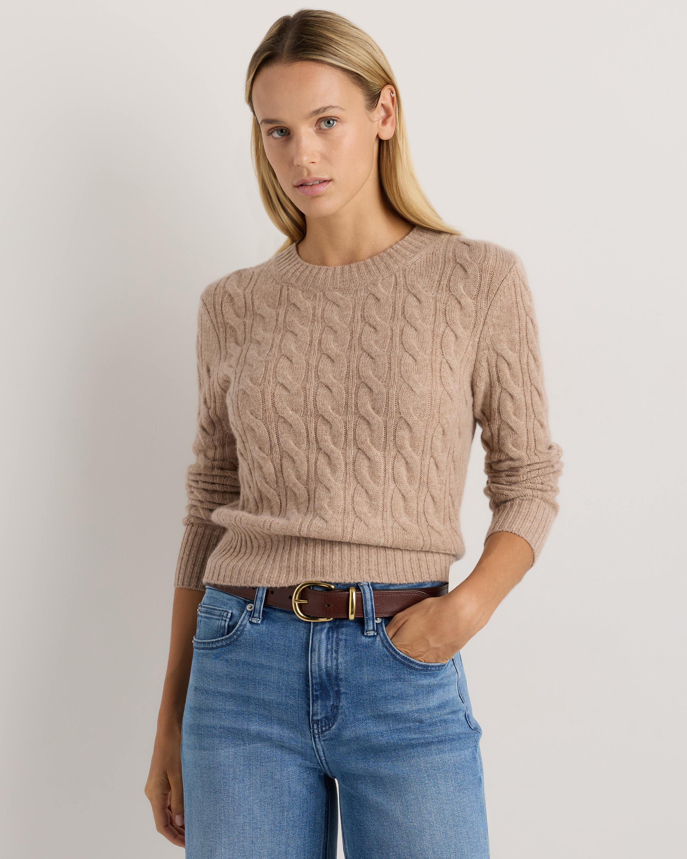 Mongolian Cashmere Shrunken Cable Crewneck Sweater