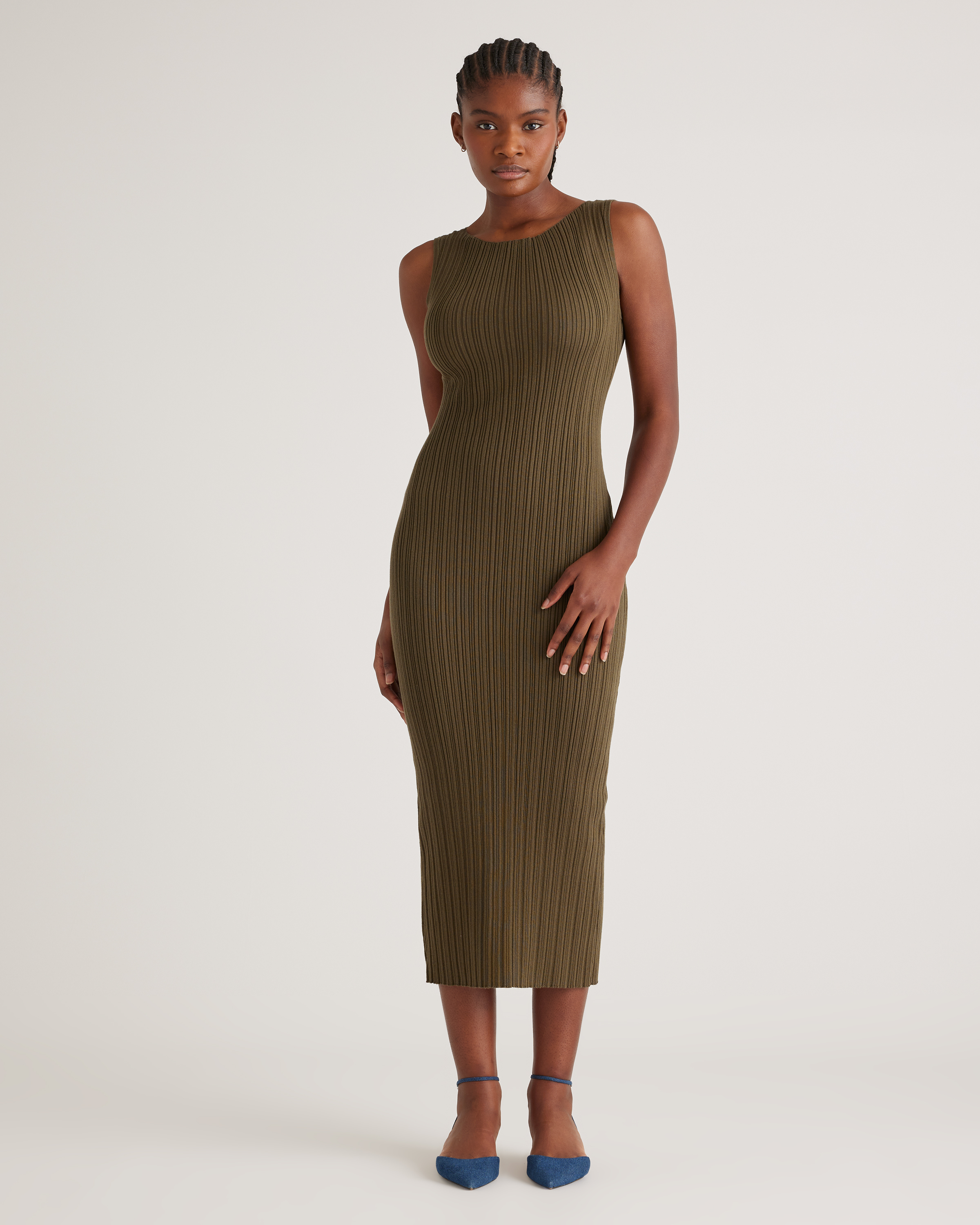 Quince Women's Cotton Cashmere Ribbed Sleeveless Midi Dress In Olive