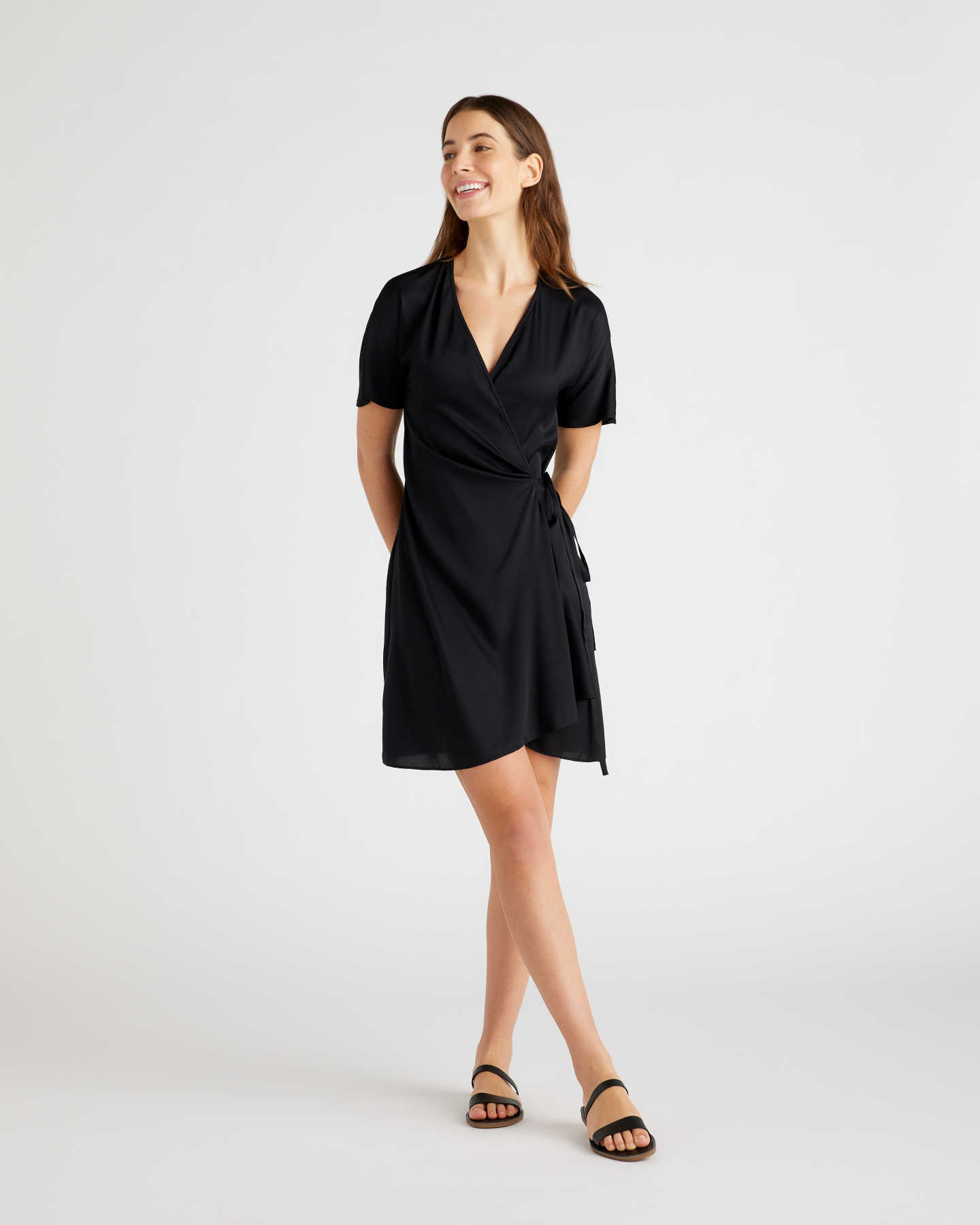 silk wrap dress black front