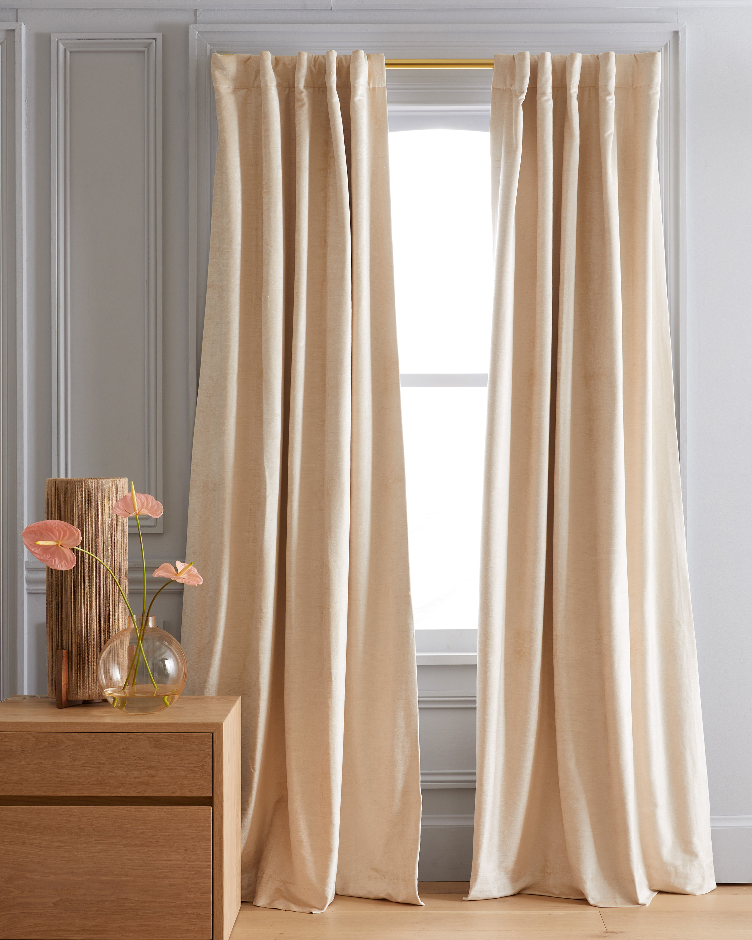 Warm Beige Cotton Velvet Window Curtain Panel with Lining 48x96