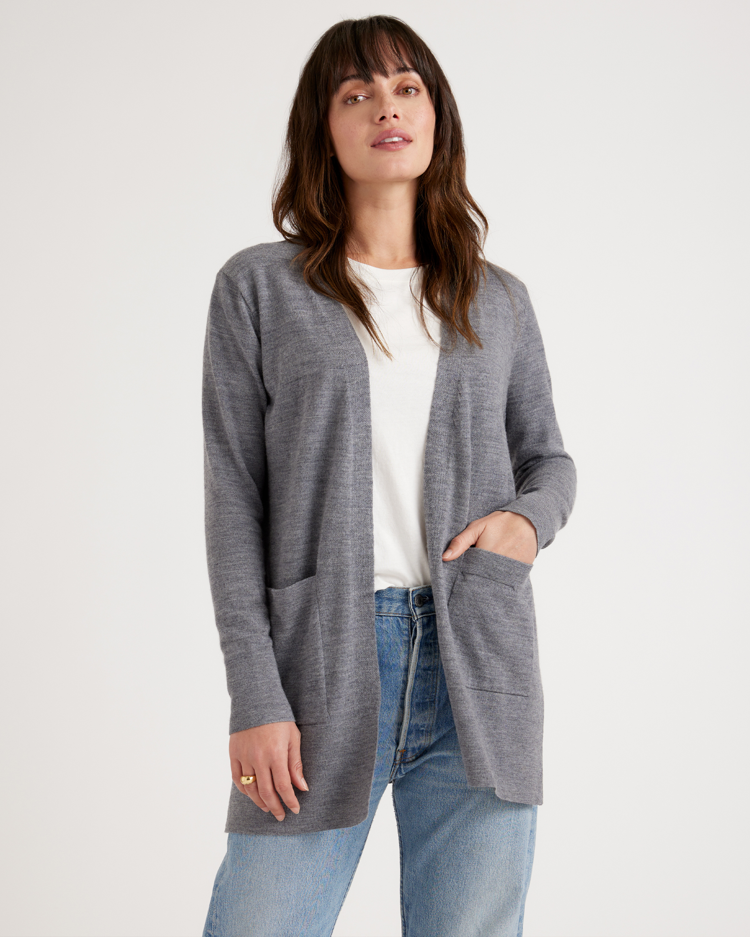 grey open cardigan