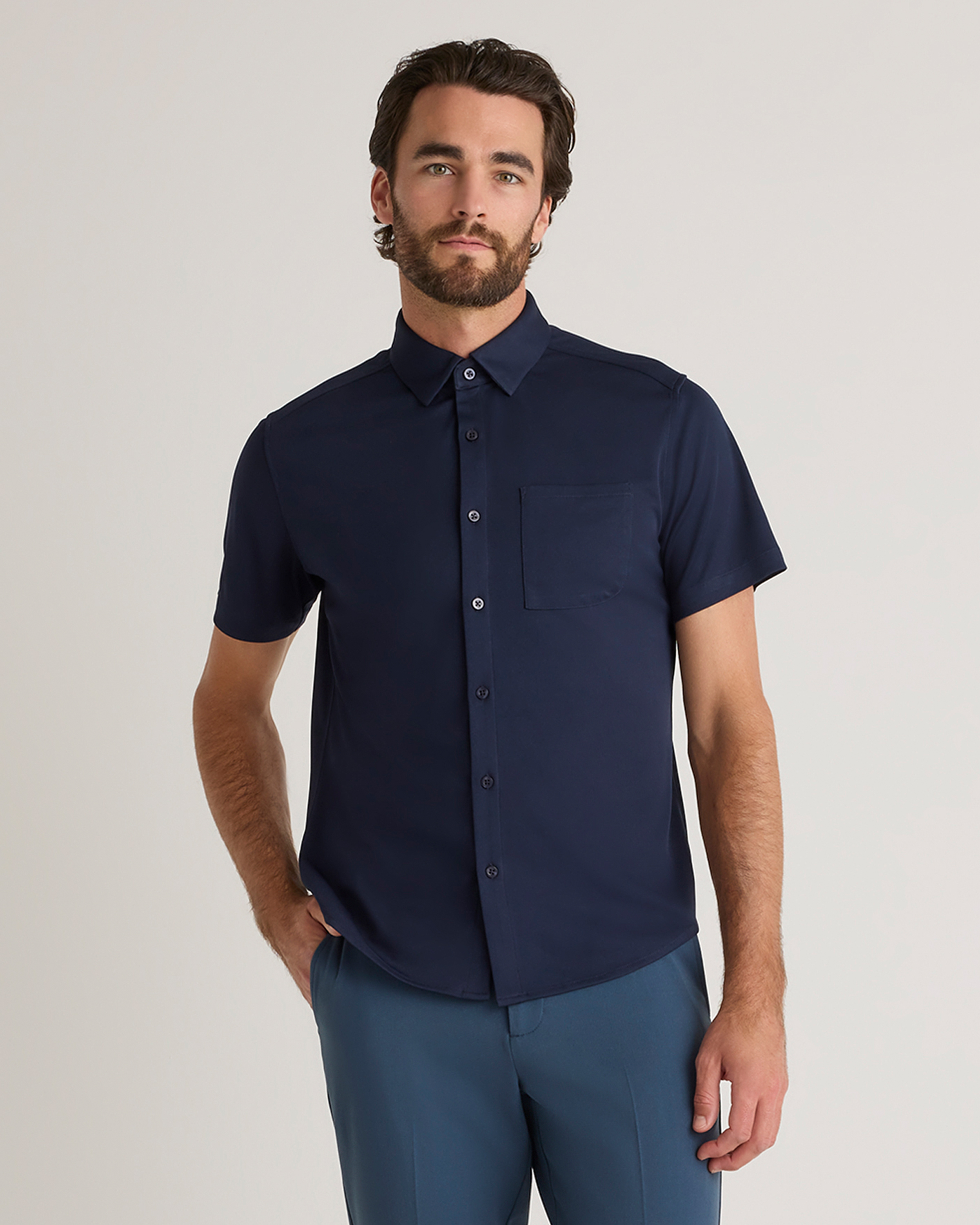 Shop Quince Men's Commuter Stretch Pique Short Sleeve Button Down In Navy