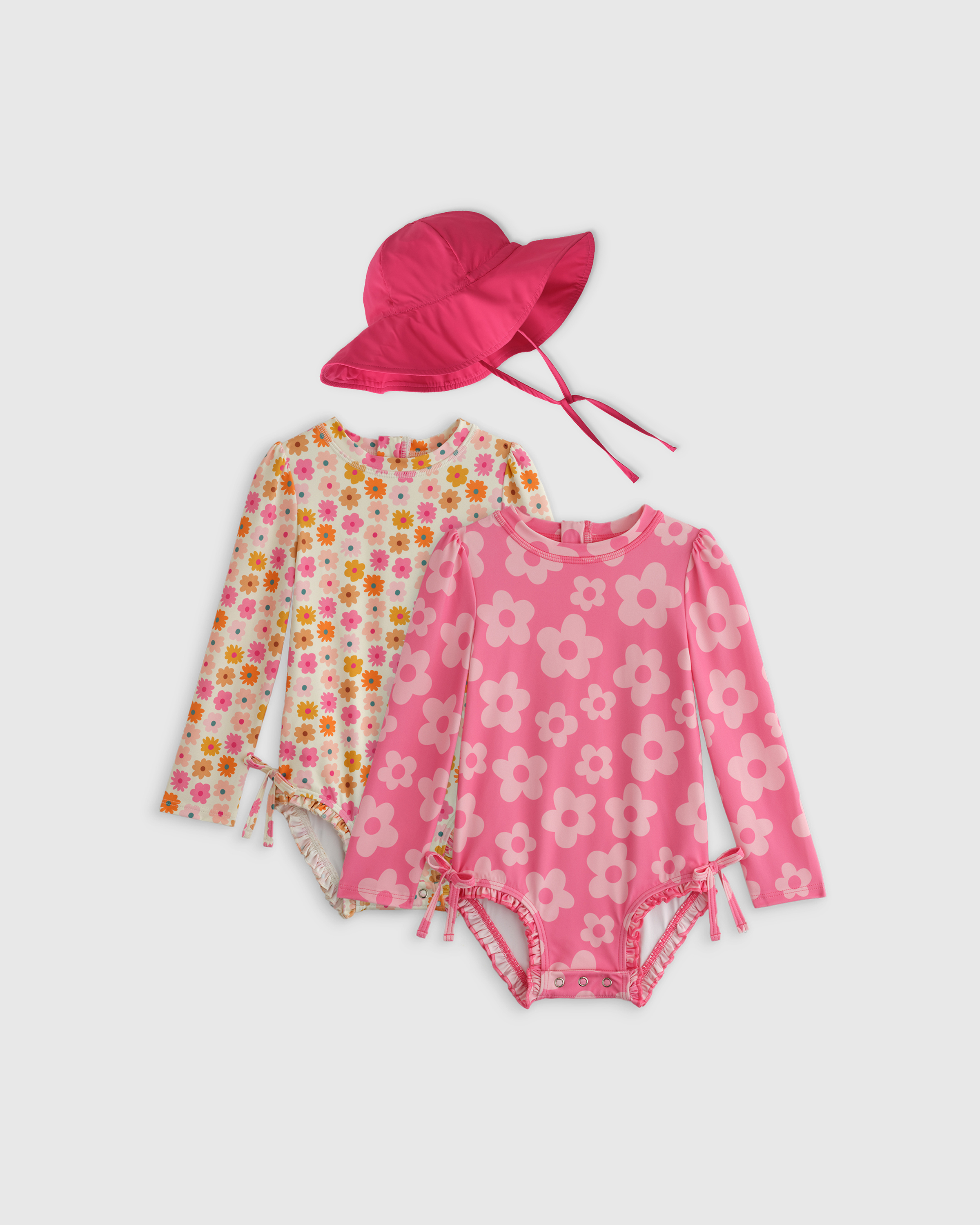 Shop Quince Sunsafe Ruffle One-piece Rash Guard & Hat Set, Size 0-3m, Recycled Polyester In Pink Daisy/multi Daisy