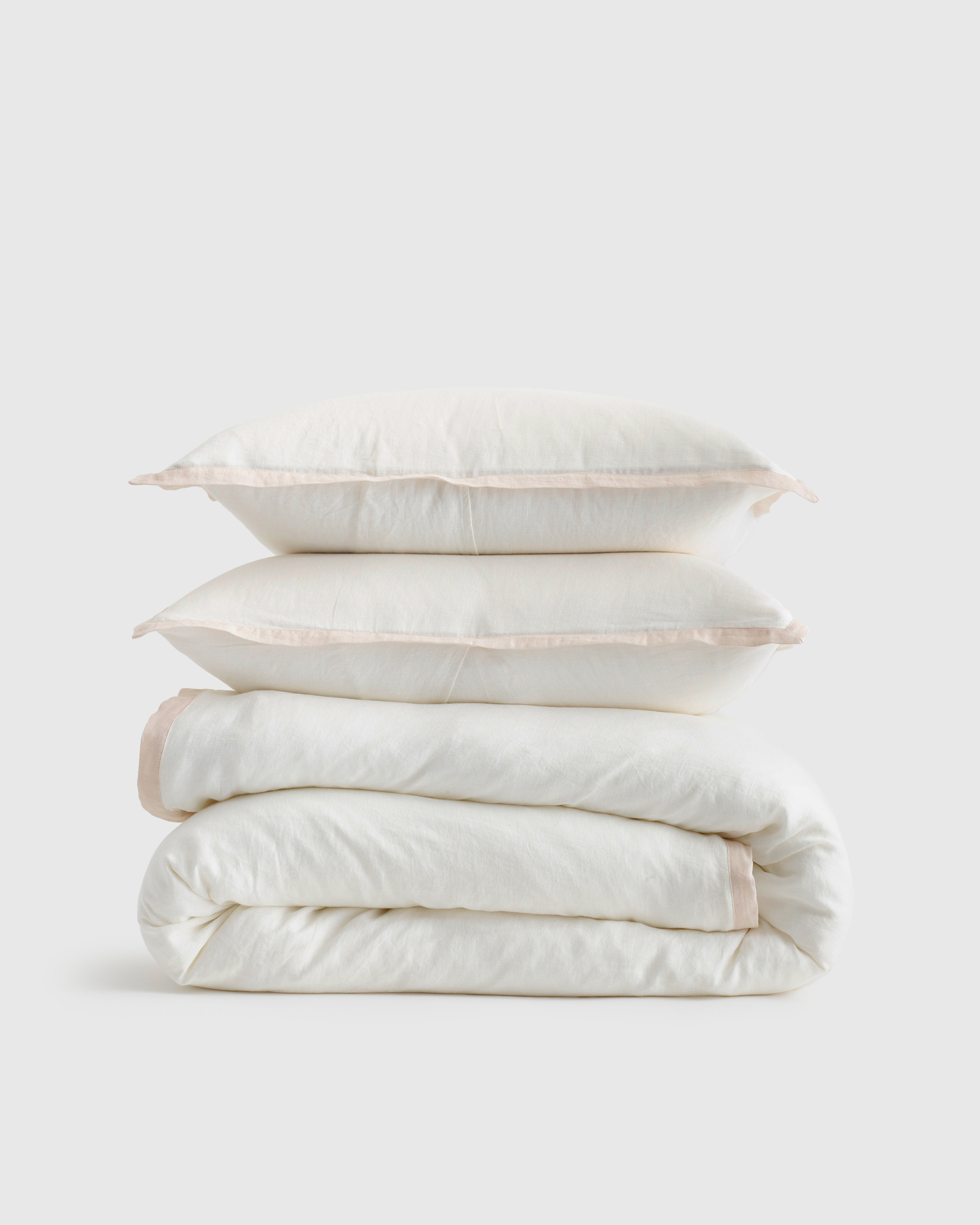 European Linen Contrast Flange Duvet Cover Set in White/Sand
