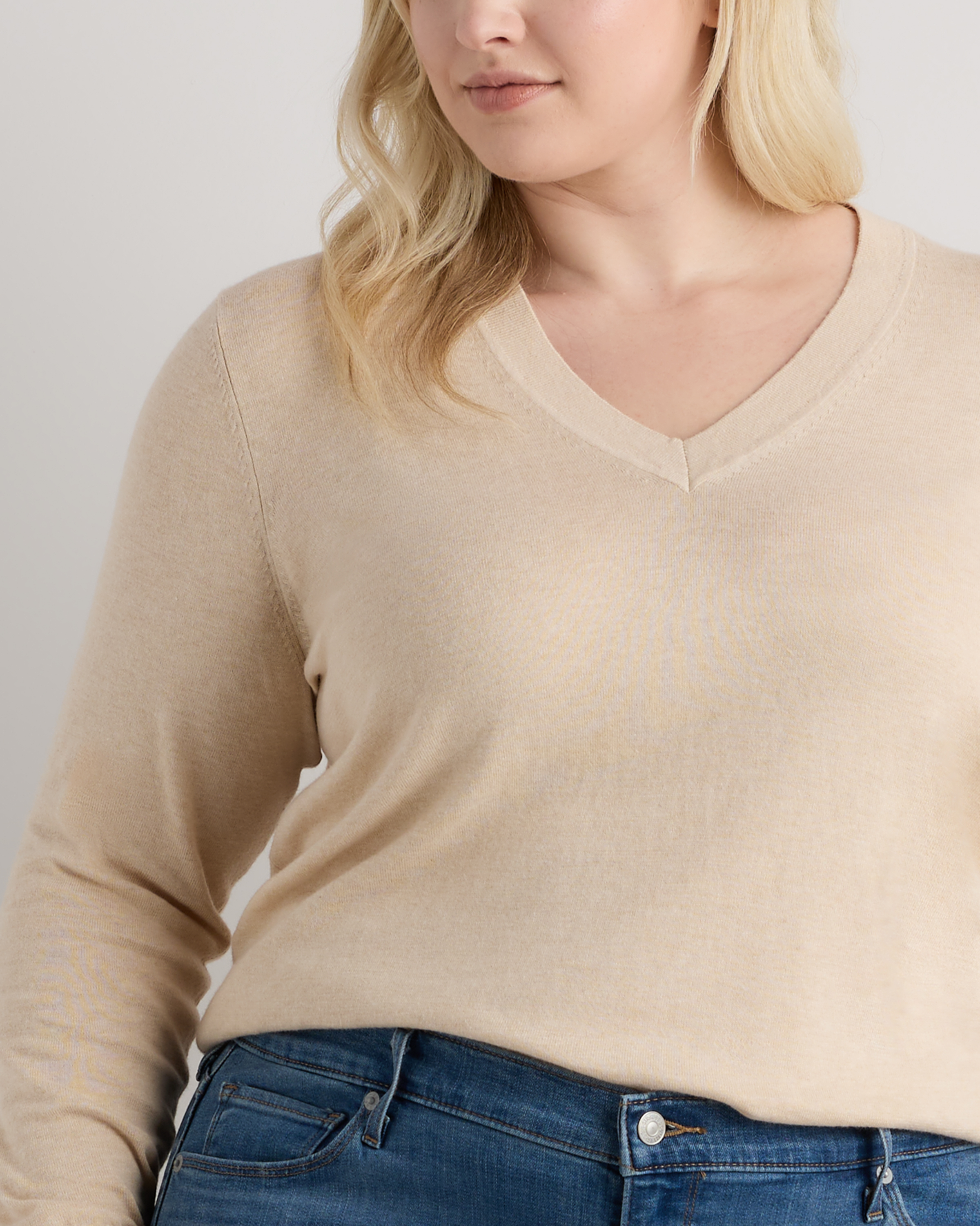 Plus Size Lightweight Cotton Cashmere V-Neck Sweater in Mocha 