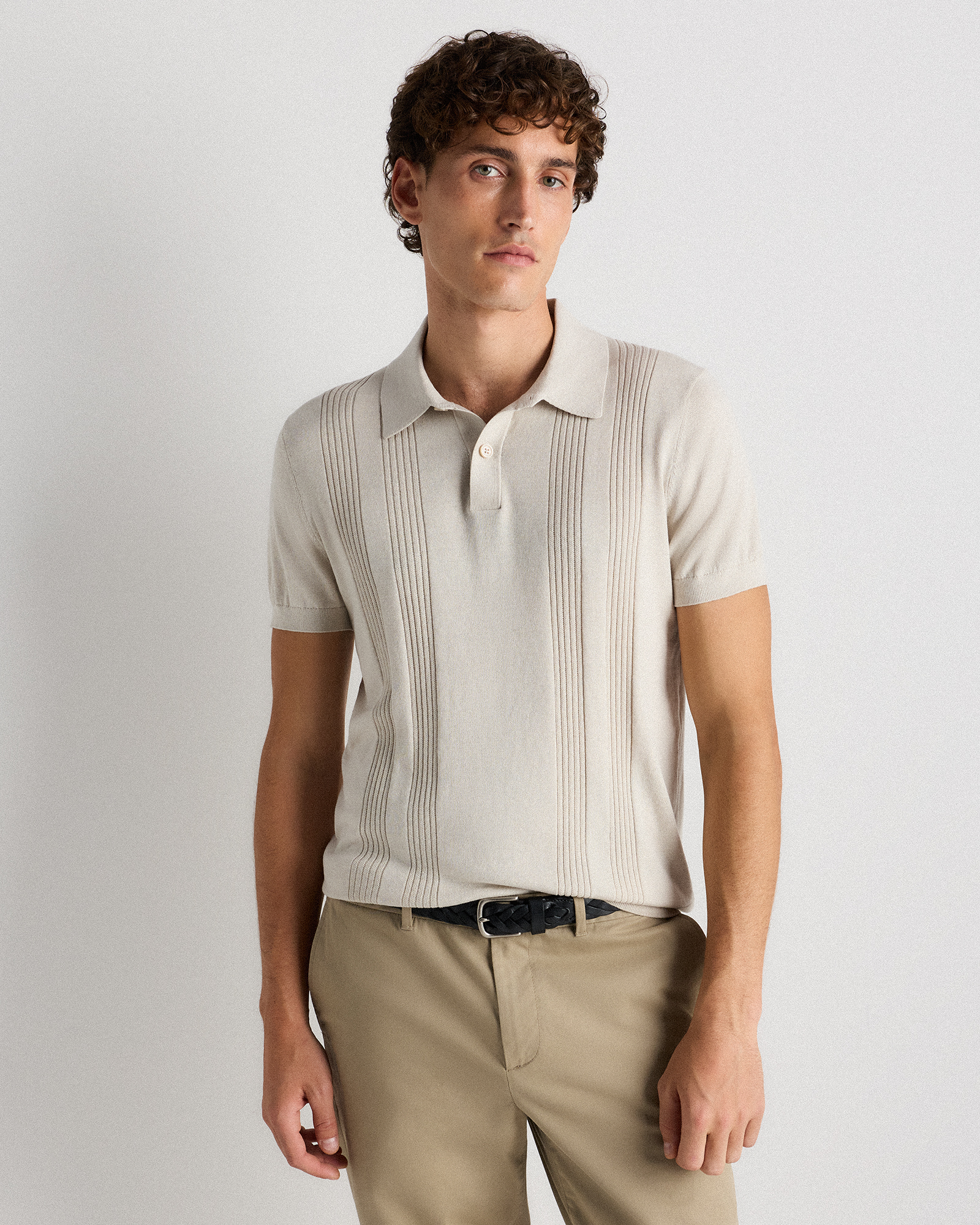 Cotton Silk Ribbed Short Sleeve Sweater Polo in Charcoal