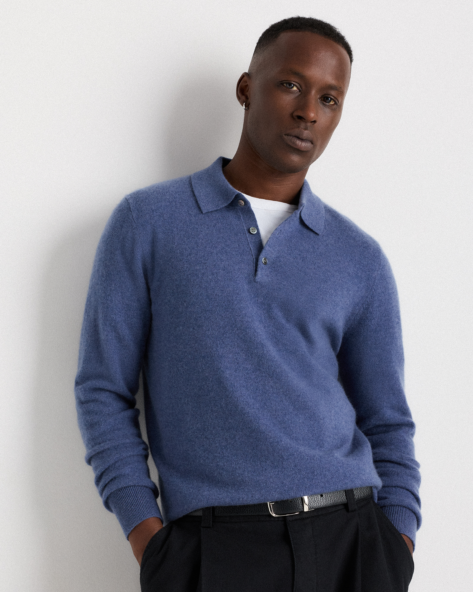 Mongolian Cashmere Polo Sweater in True Navy