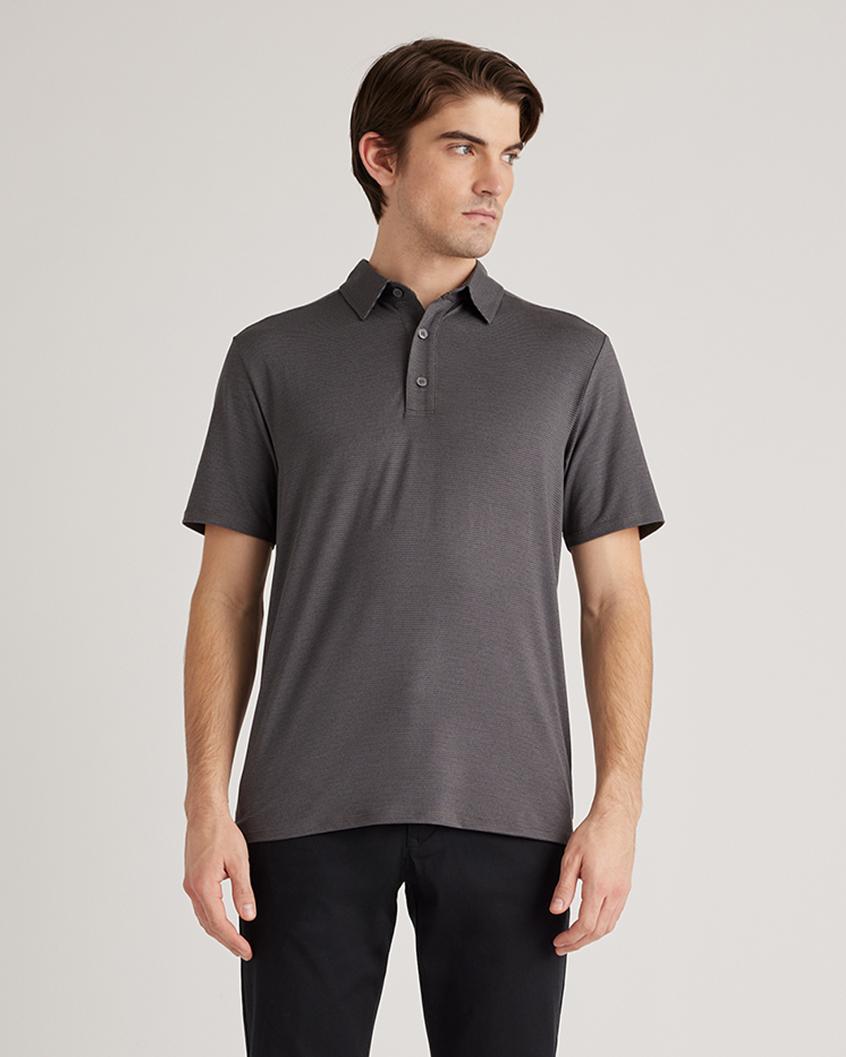 Quince Men's Performance Jersey Golf Polo In Black/light Grey Stripe