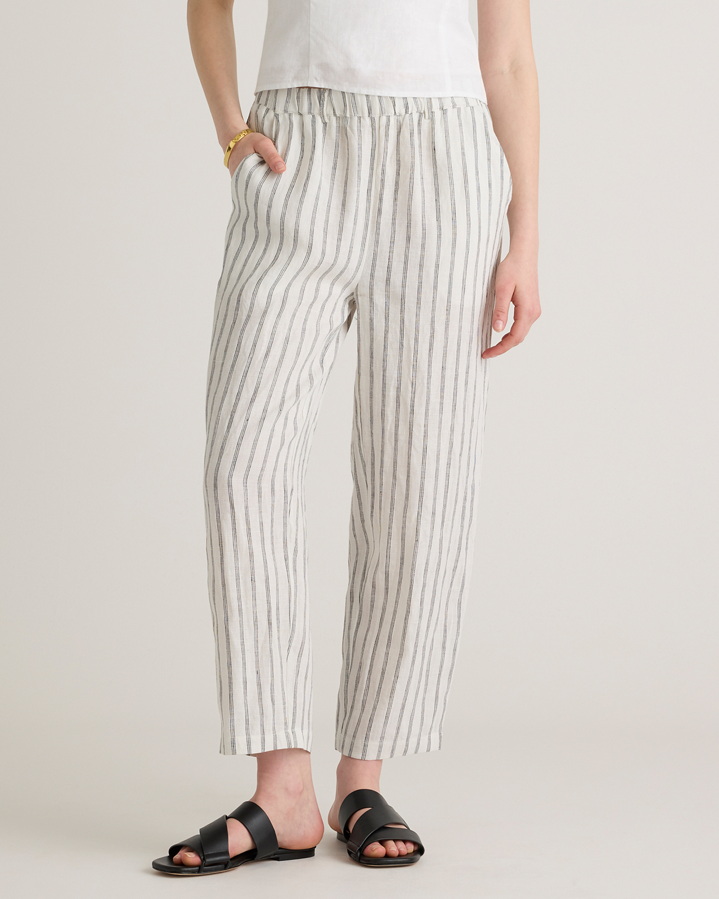 Quince Women's 100% European Linen Pants In Oatmeal / Black Stripe