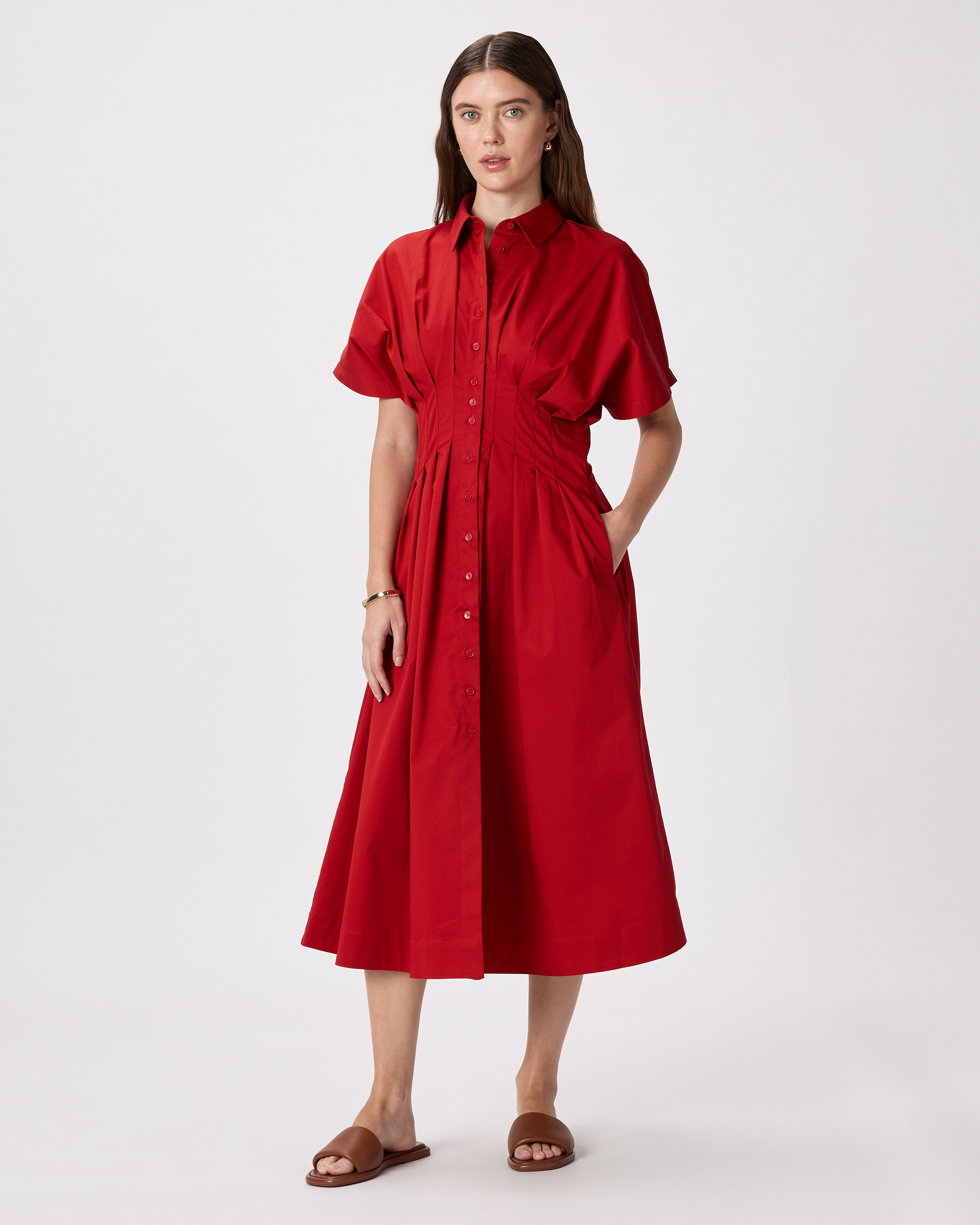 Stretch Twill Pleated Midi Shirt Dress