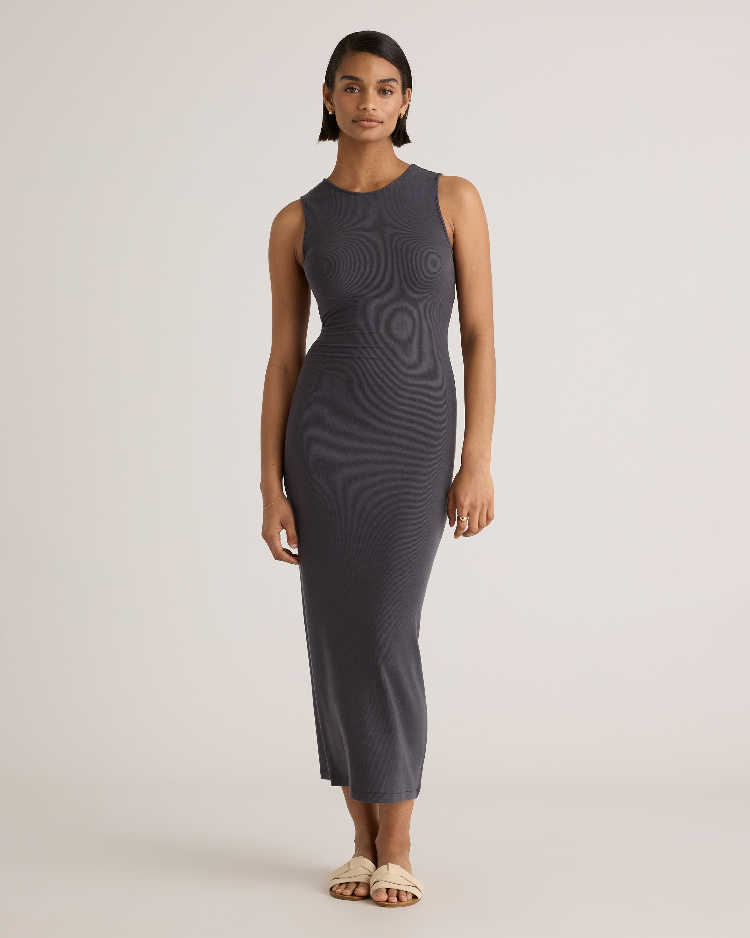 Shop Quince Women's Tencel Rib Knit Tank Top Midi Dress In Carbon Grey