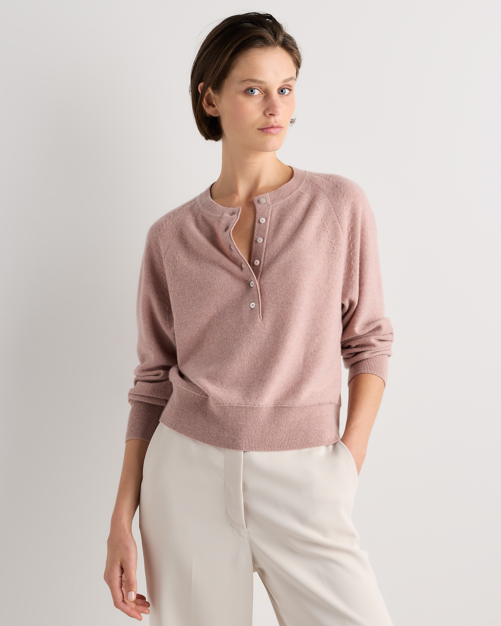 100% Mongolian Cashmere Dolman Sleeve Henley Sweater in Heather