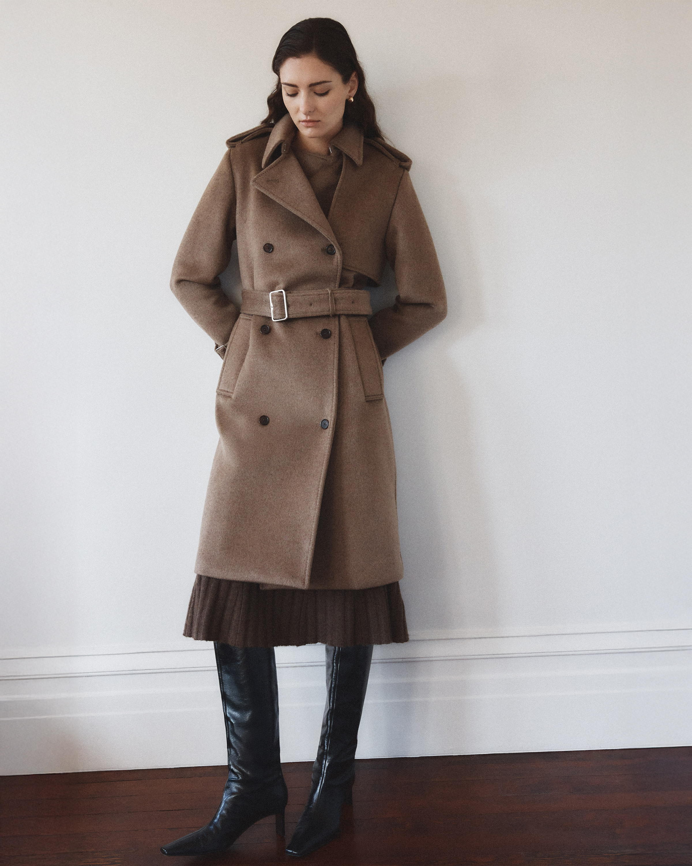 100% Mongolian Cashmere Trench Coat in Heather Taupe