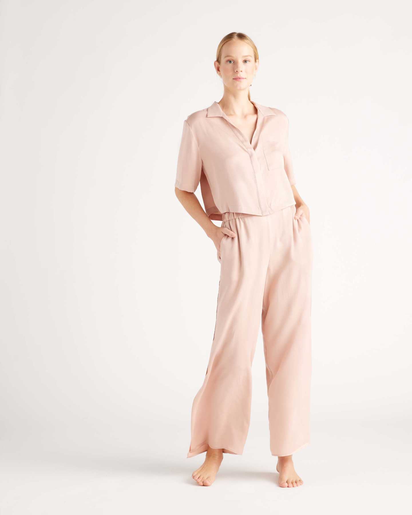 100% Washable Silk Button Up & Pants Pajama Set - Toasted Almond