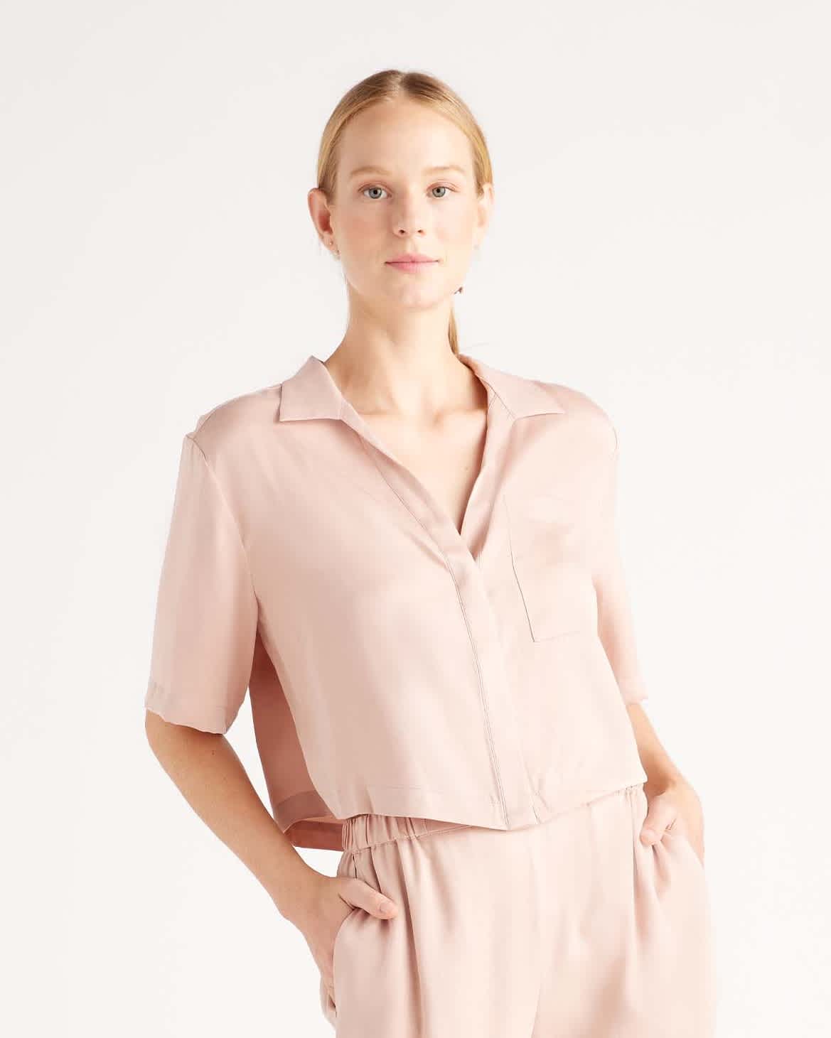 100% Washable Silk Pajama Button Up Top - Toasted Almond