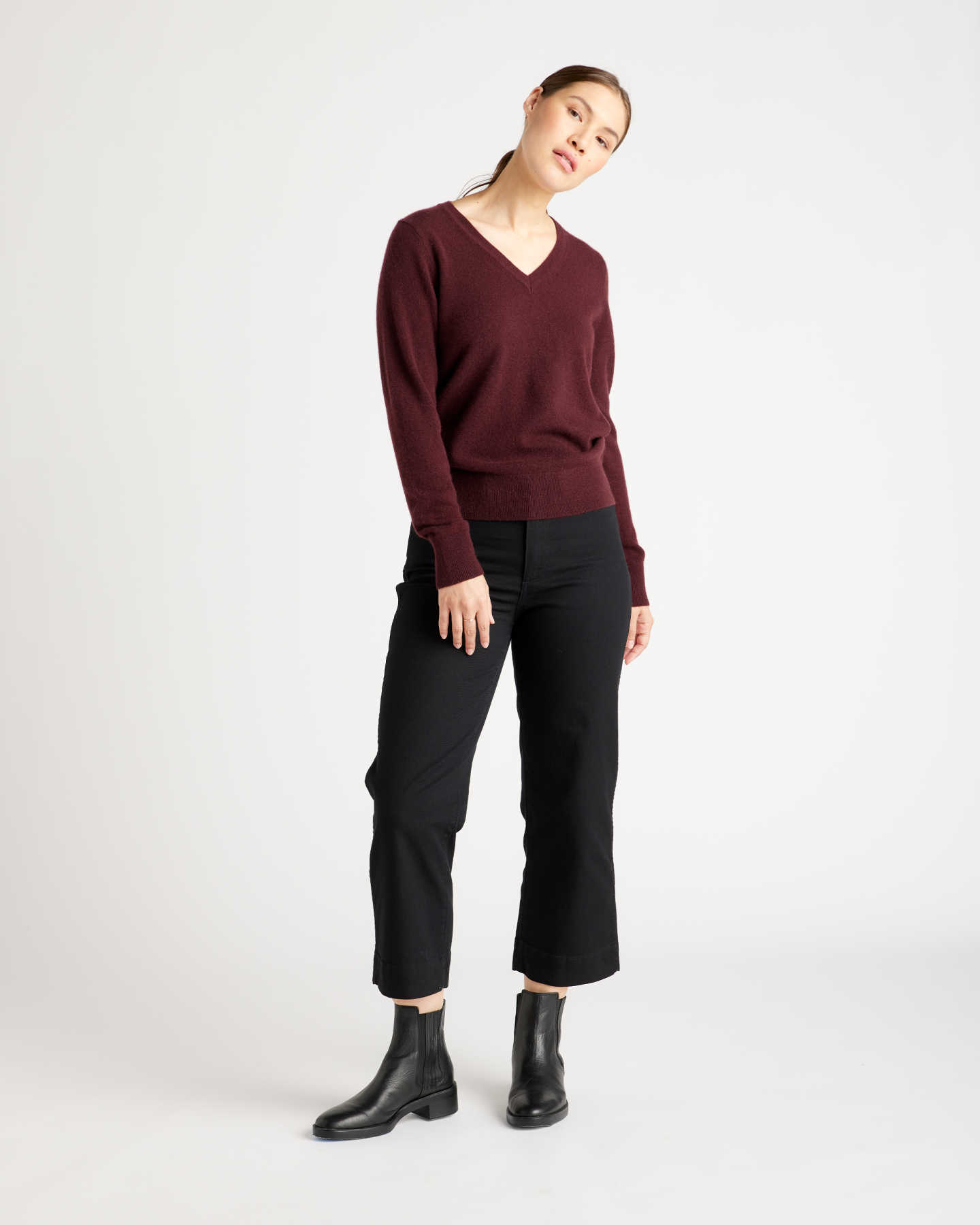 Mongolian Cashmere V-Neck Sweater - Burgundy - 1 - Thumbnail