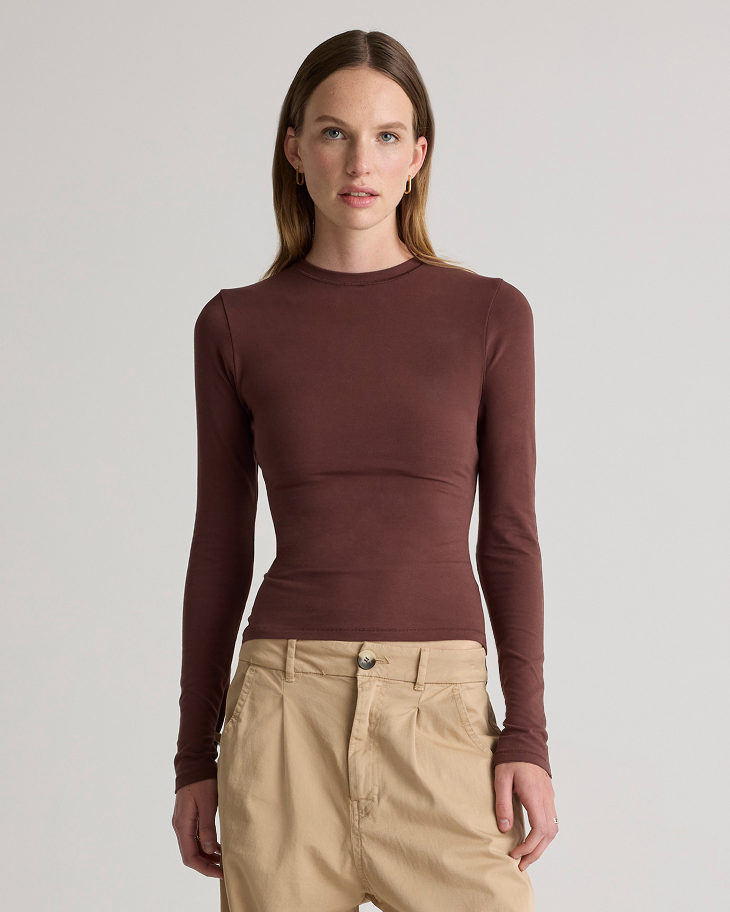 Stretch Cotton Jersey Fitted Long Sleeve T-Shirt