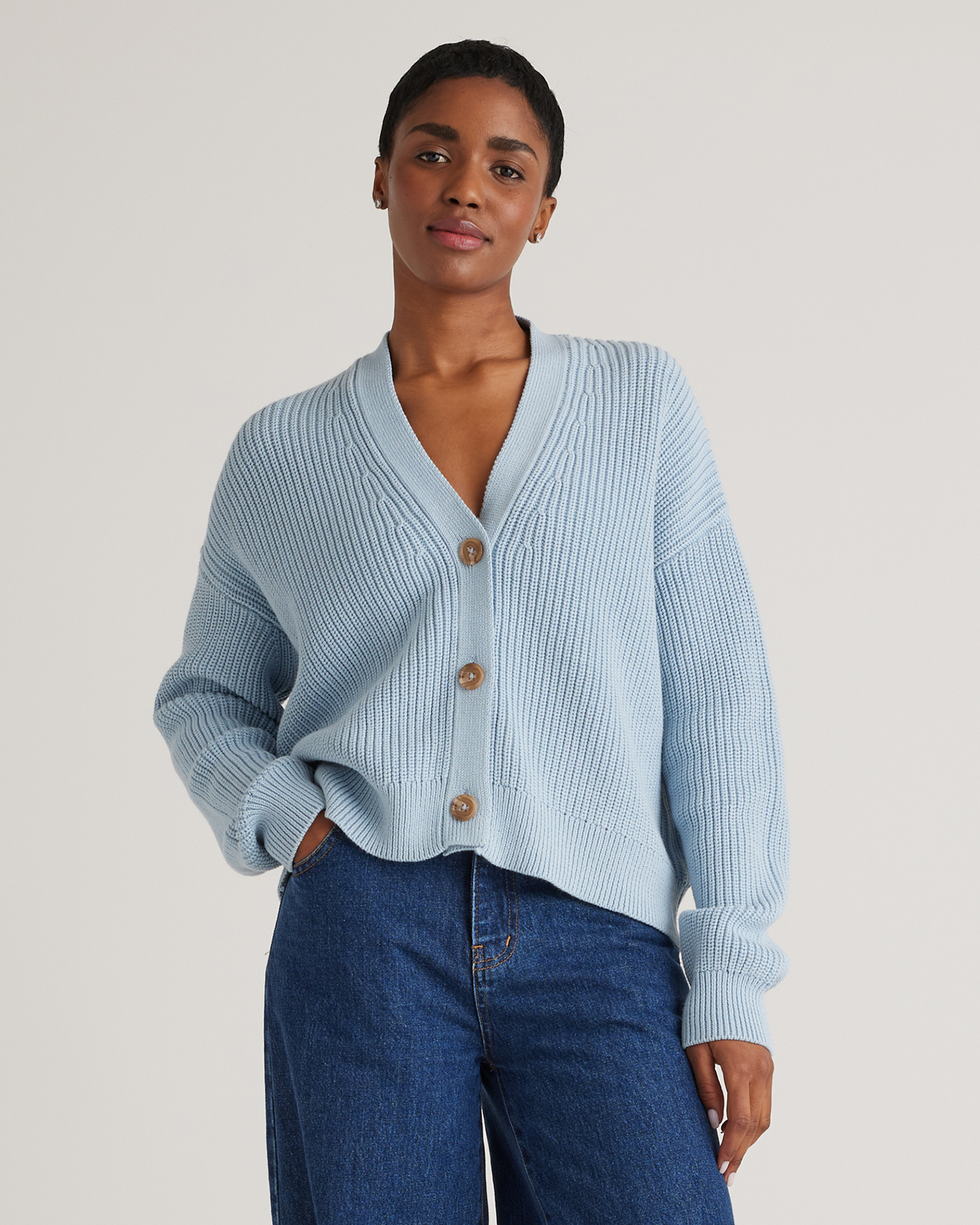Quince Women's Fisherman Boxy Cropped Cardigan Sweater In Sky Blue