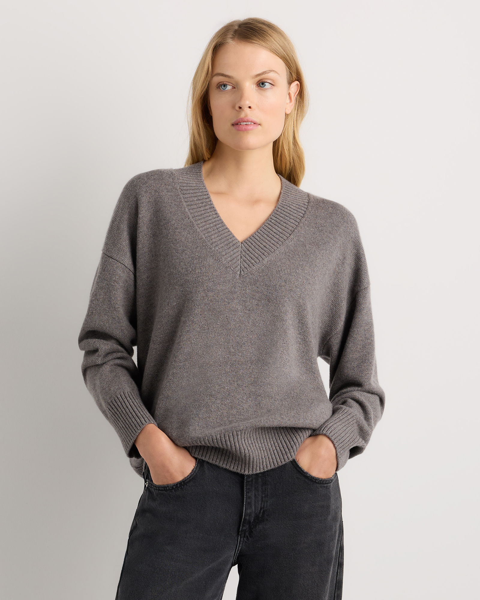 Mongolian Cashmere Oversized V-Neck Sweater in Black