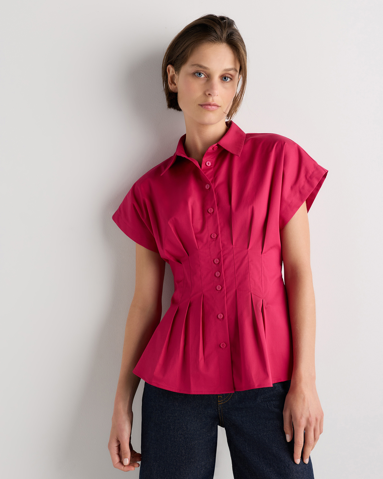 Stretch Twill Pleated Short Sleeve Shirt 