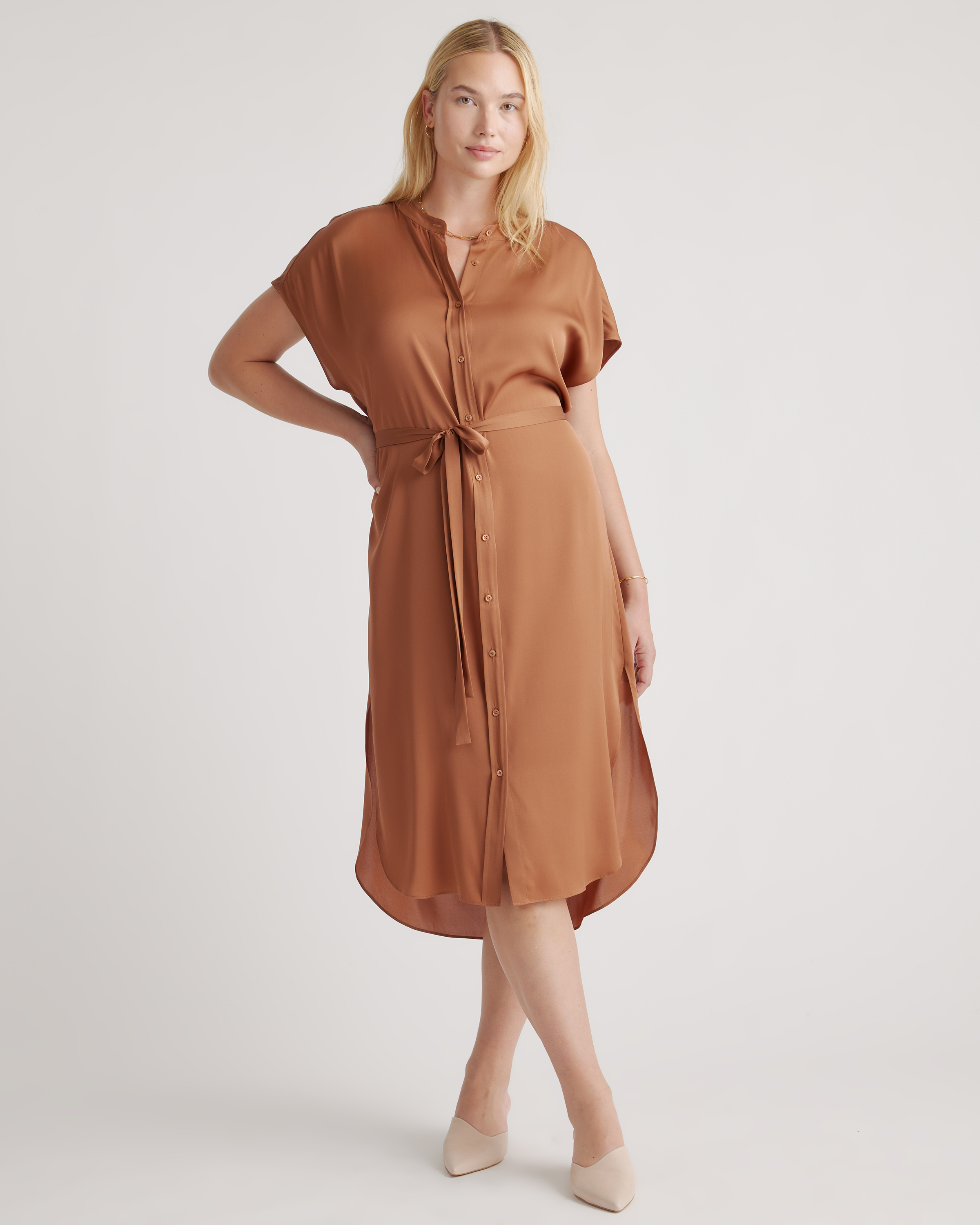 Quince Women's Washable Stretch Silk Midi Shirt Dress In Copper Brown