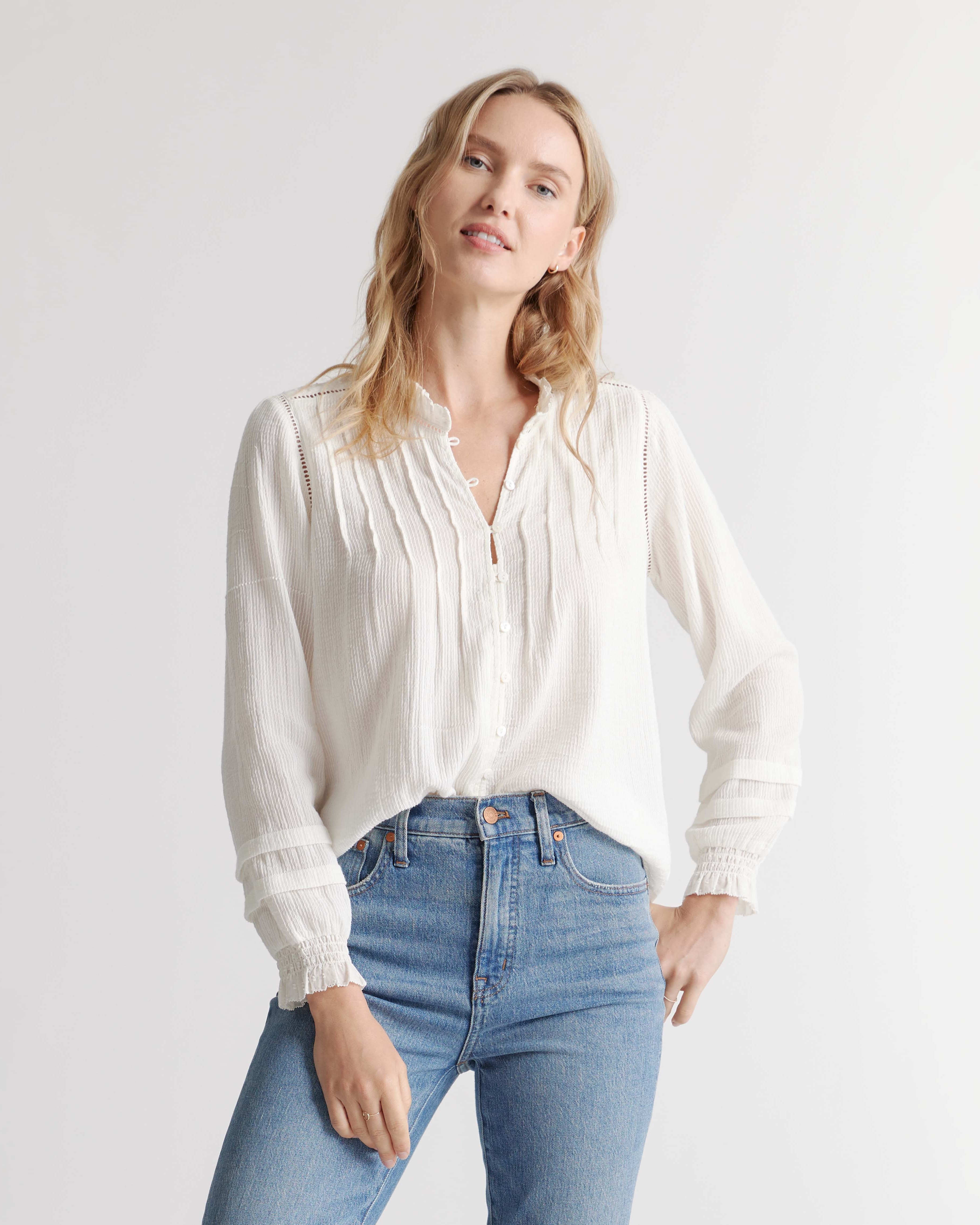 Shop Quince Women's Organic Textured Cotton Peasant Blouse In White